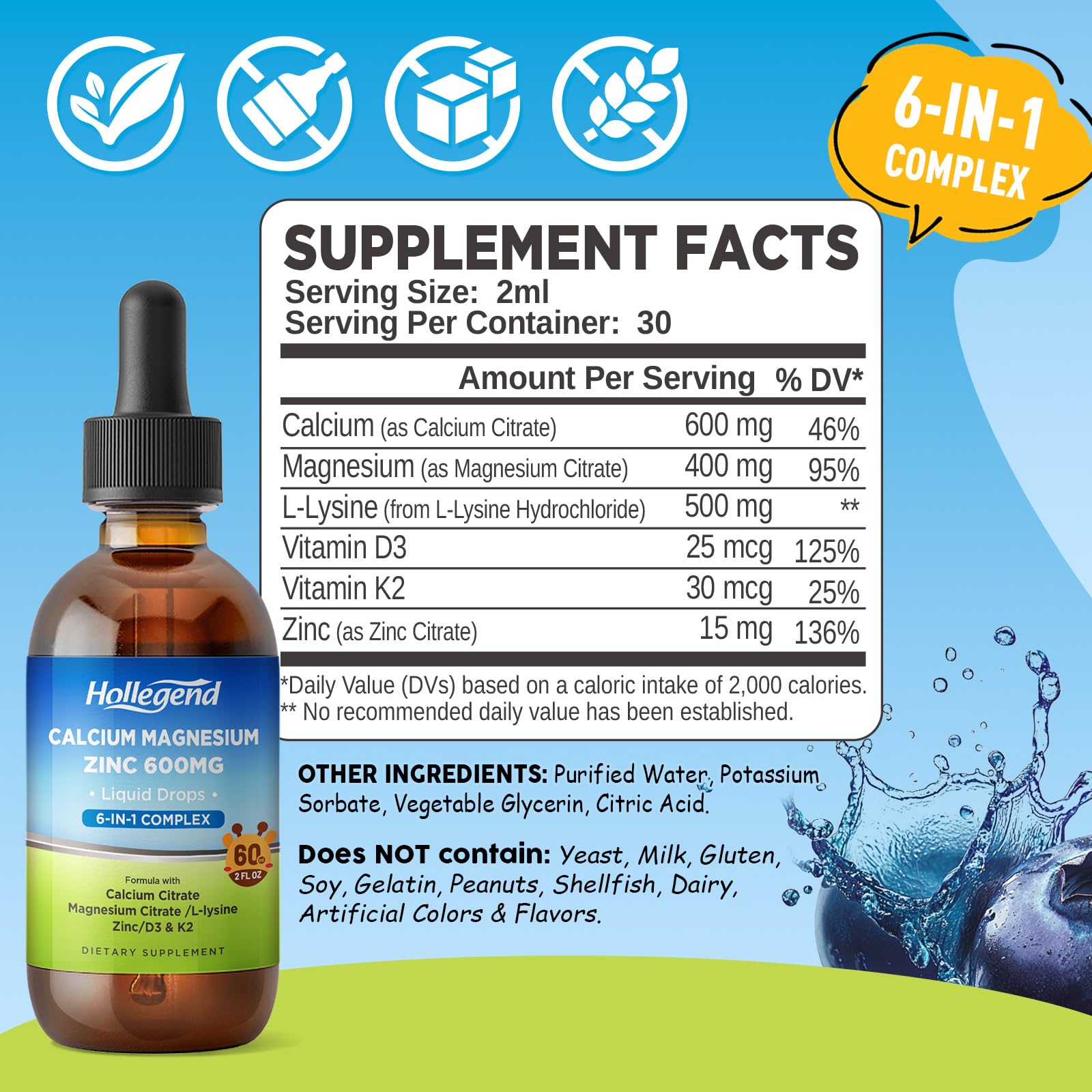 HOLLEGEND Liquid Calcium Magnesium Zinc Drops bottle with dosage dropper
