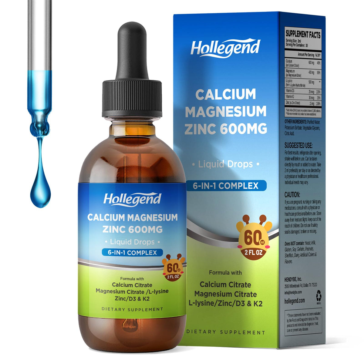 HOLLEGEND Liquid Calcium Magnesium Zinc Drops front view
