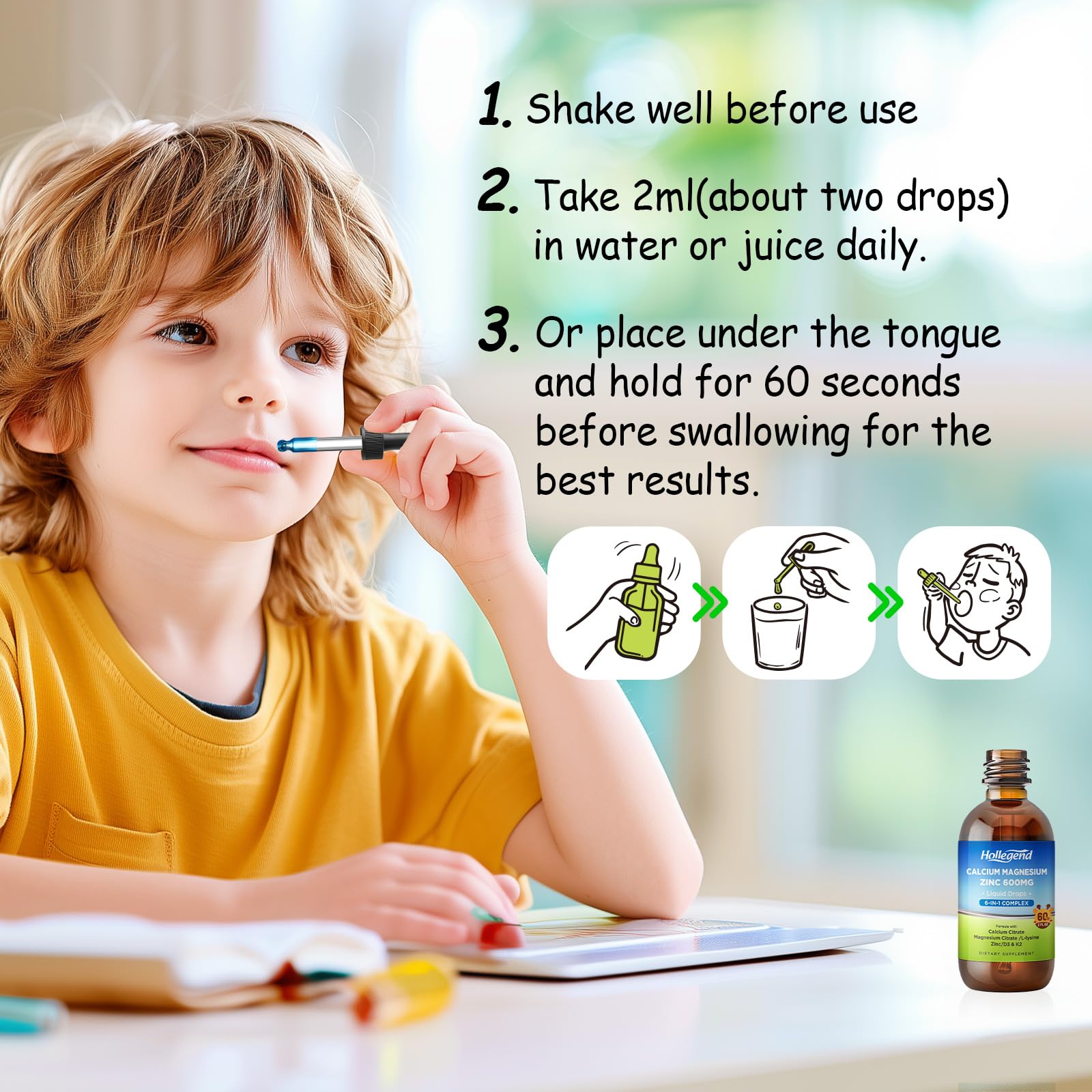 HOLLEGEND Liquid Calcium Magnesium Zinc Drops lifestyle scene with healthy food