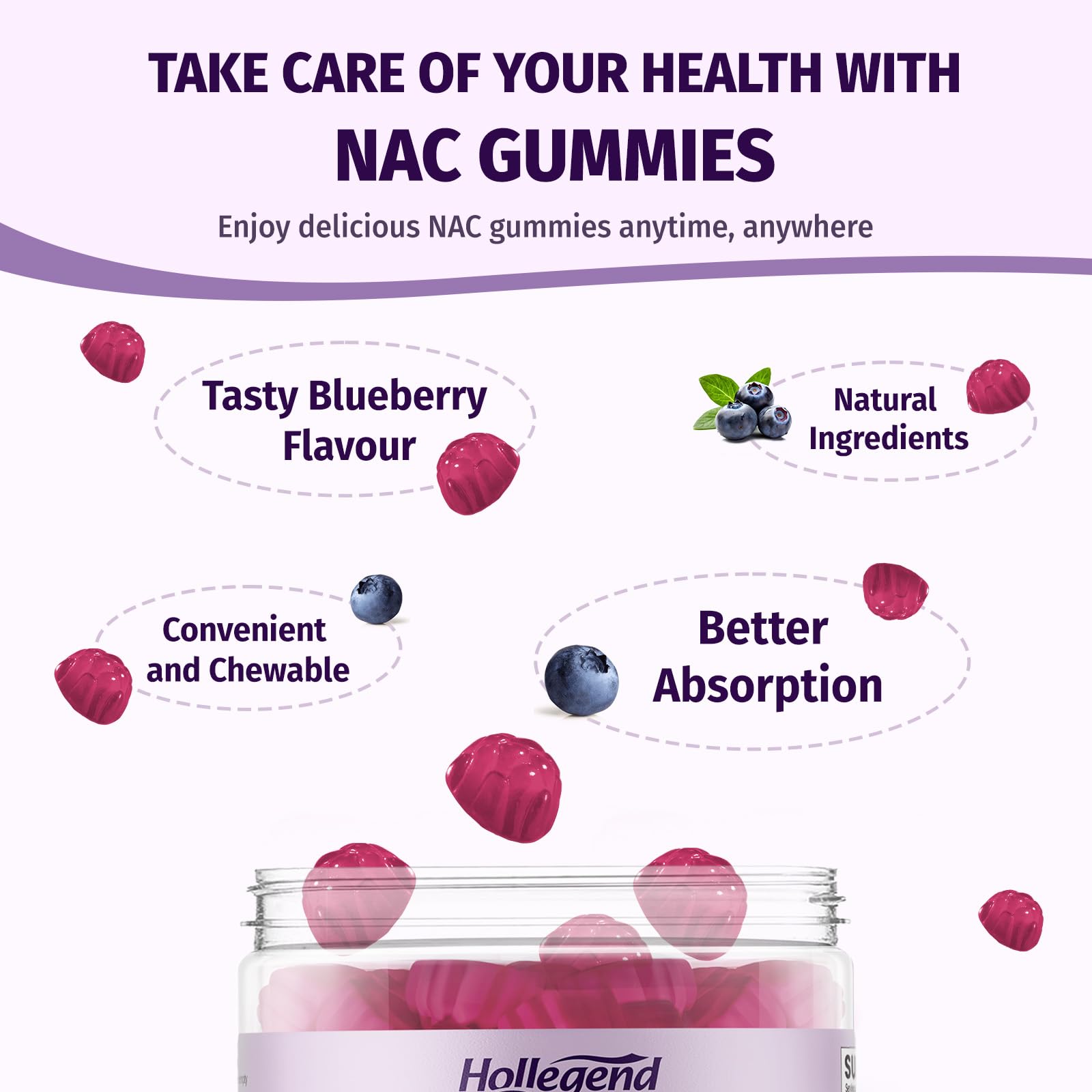 HOLLEGEND NAC Gummies in a bowl with fresh blueberries