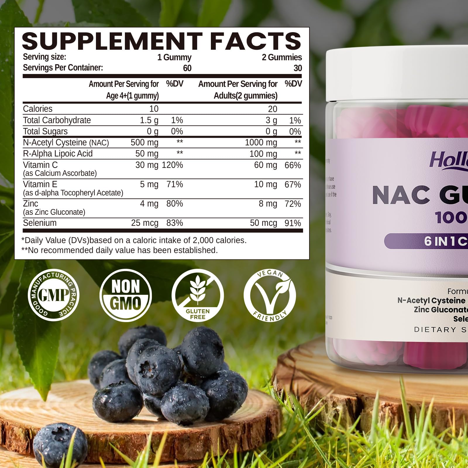 HOLLEGEND NAC Gummies packaging with nutritional information