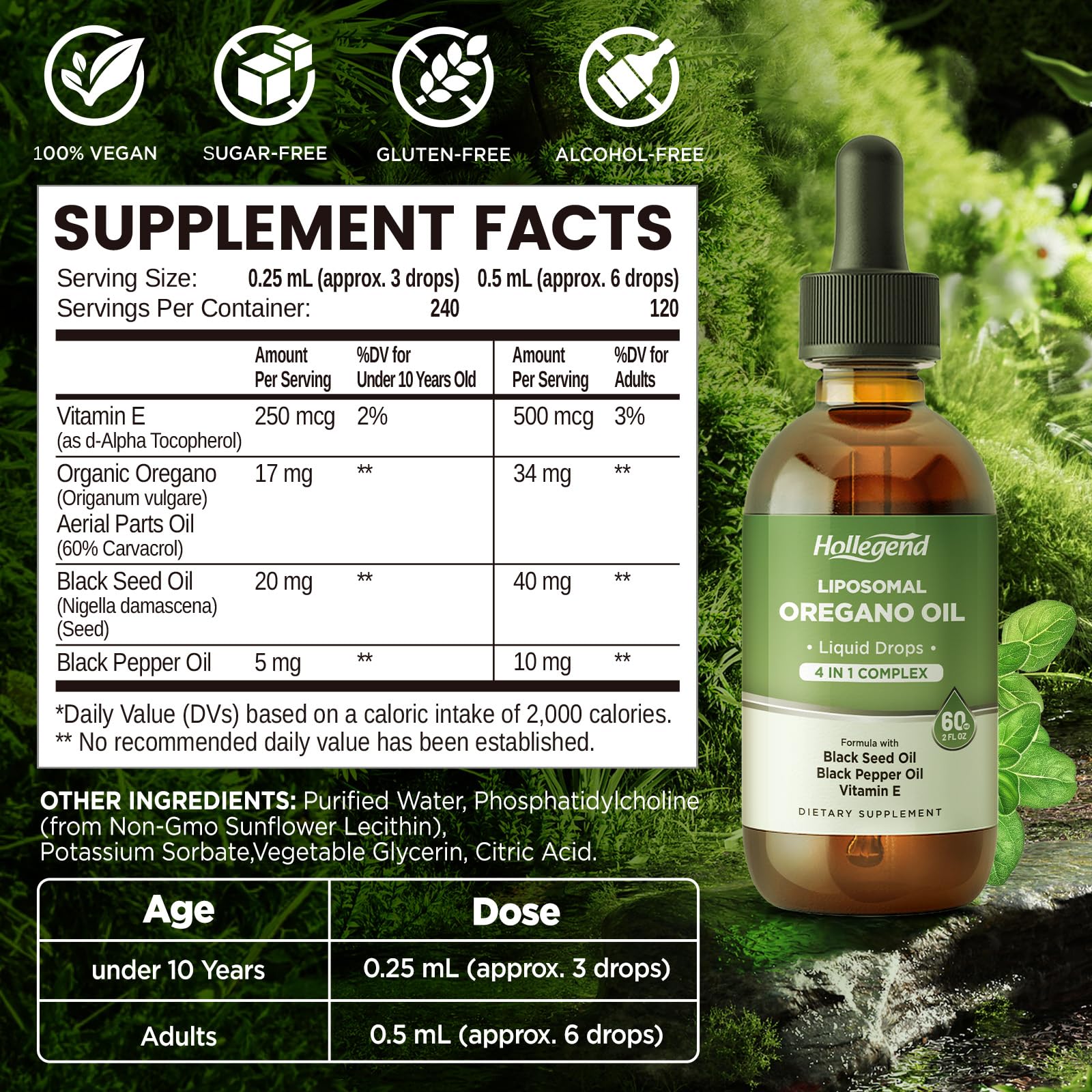 HOLLEGEND Oregano Oil Drops 150g bottle with dropper