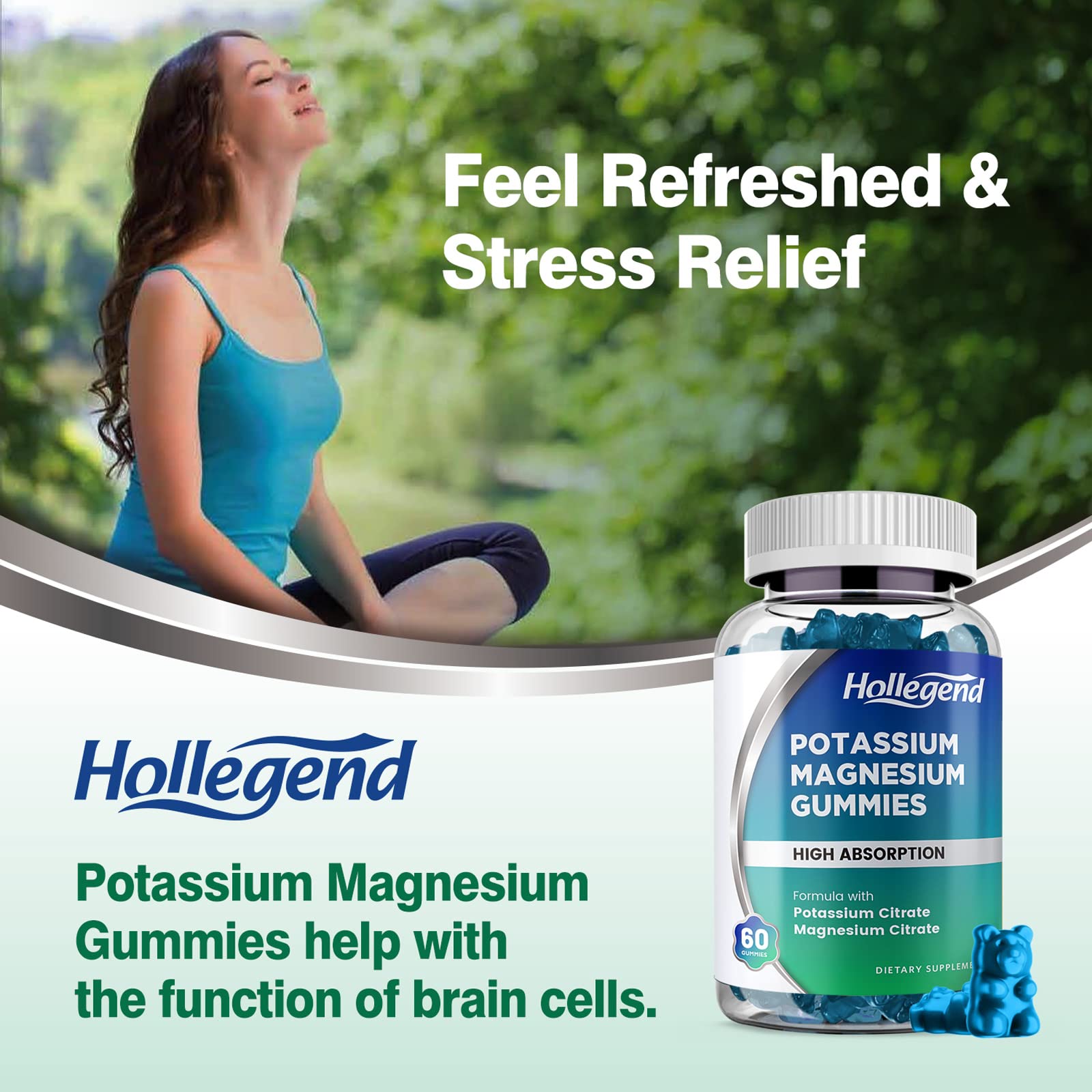 HOLLEGEND Potassium Magnesium Gummies on a table with fresh blueberries
