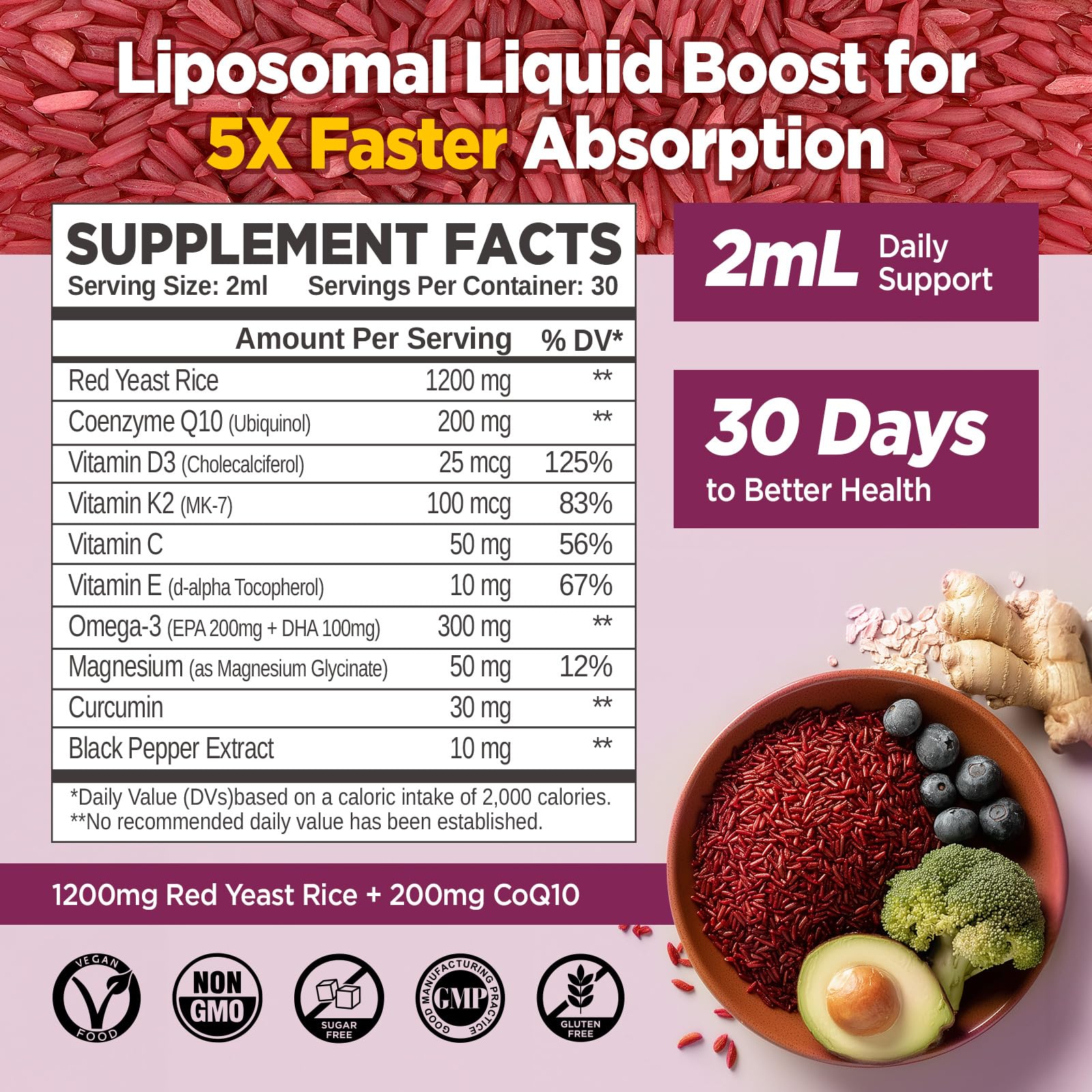HOLLEGEND Red Yeast Rice Liquid Supplement bottle side view