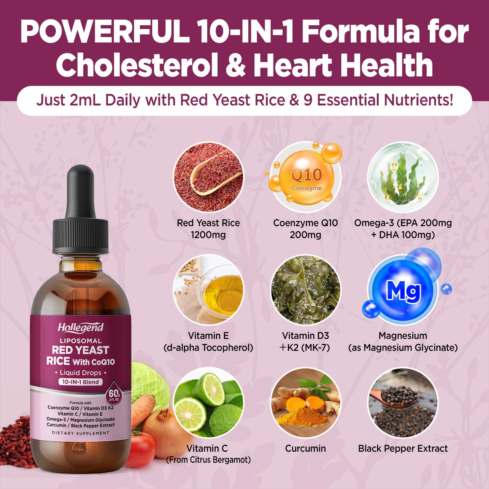 HOLLEGEND Red Yeast Rice Liquid Supplement with dosage dropper