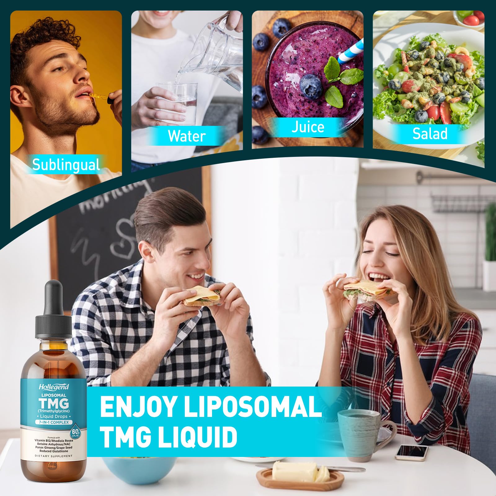 HOLLEGEND TMG Liquid Drops packaging and dosage instructions