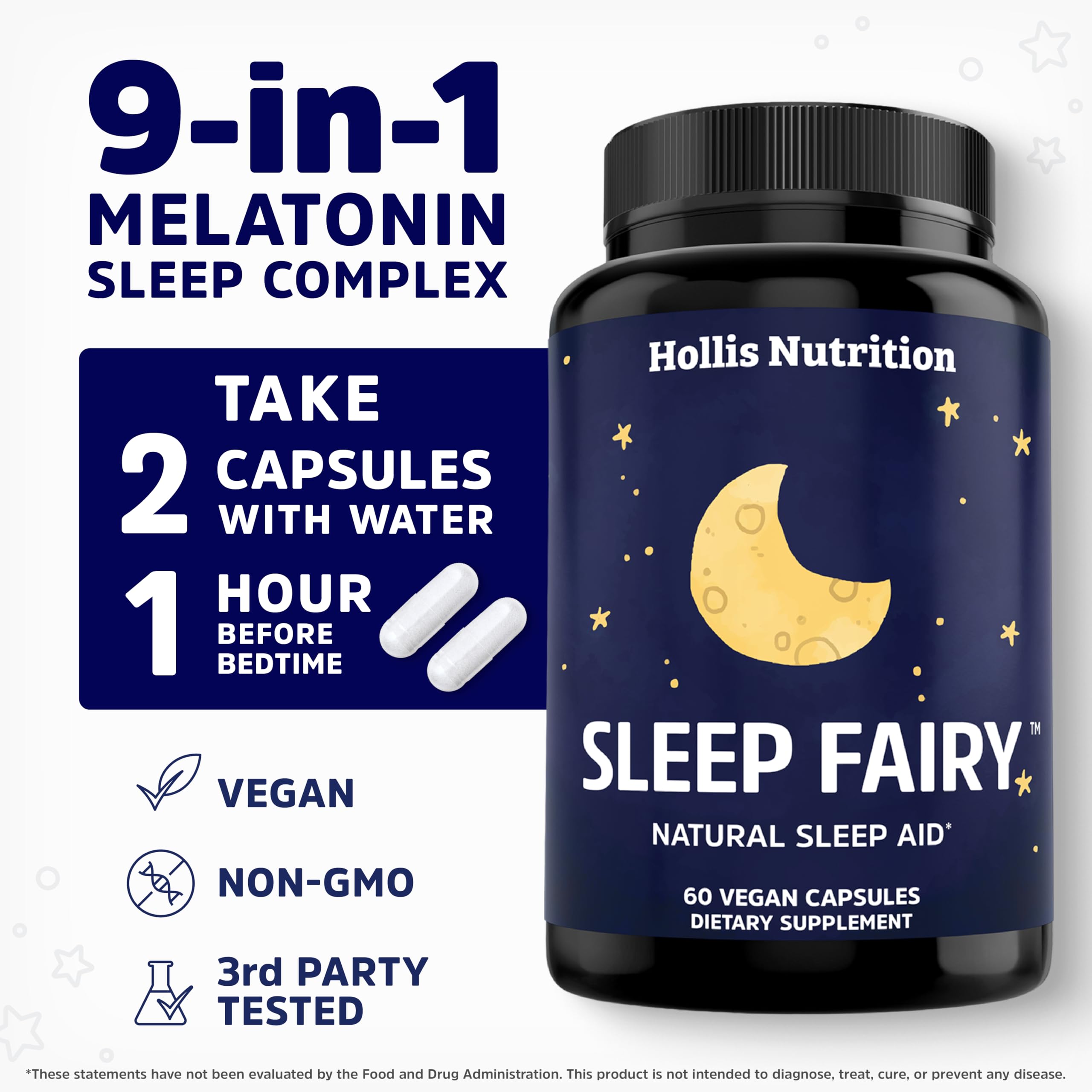 Hollis Nutrition Sleep Fairy capsule bottle with a glass of water
