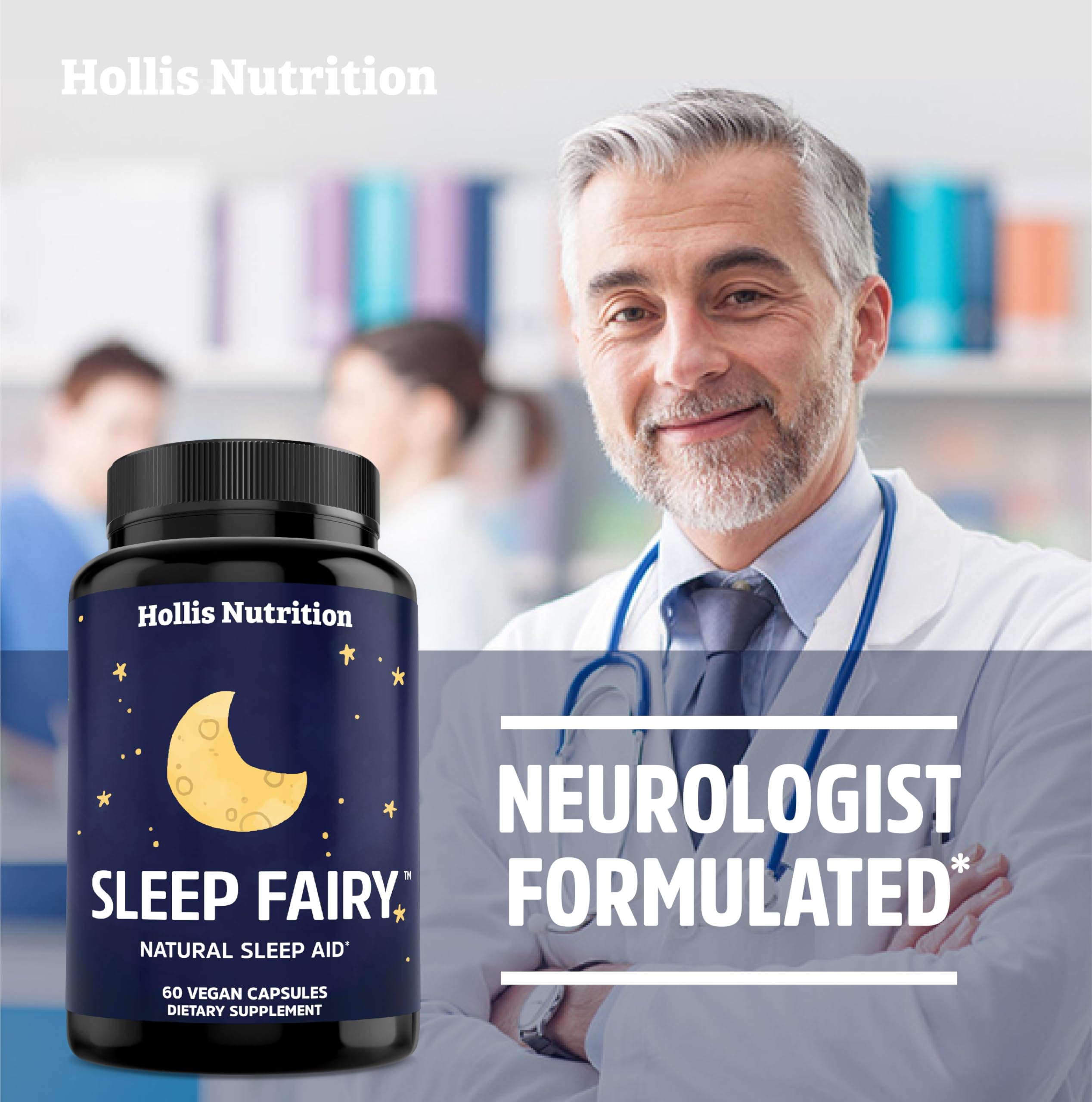 Hollis Nutrition Sleep Fairy natural sleep aid capsules on a wooden table