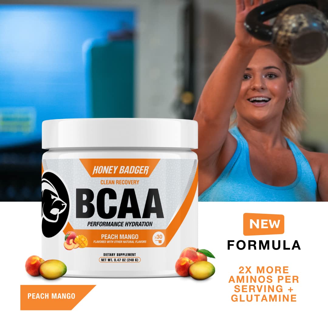 Honey Badger BCAA + EAA Powder 180g back view with nutritional information