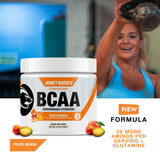 Honey Badger BCAA + EAA Powder 180g back view with nutritional information