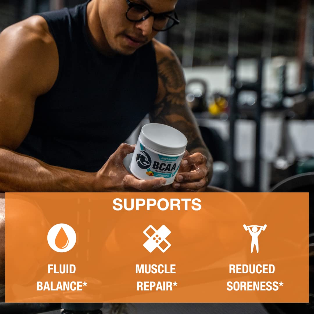 Honey Badger BCAA + EAA Powder 180g scoop and powder close-up