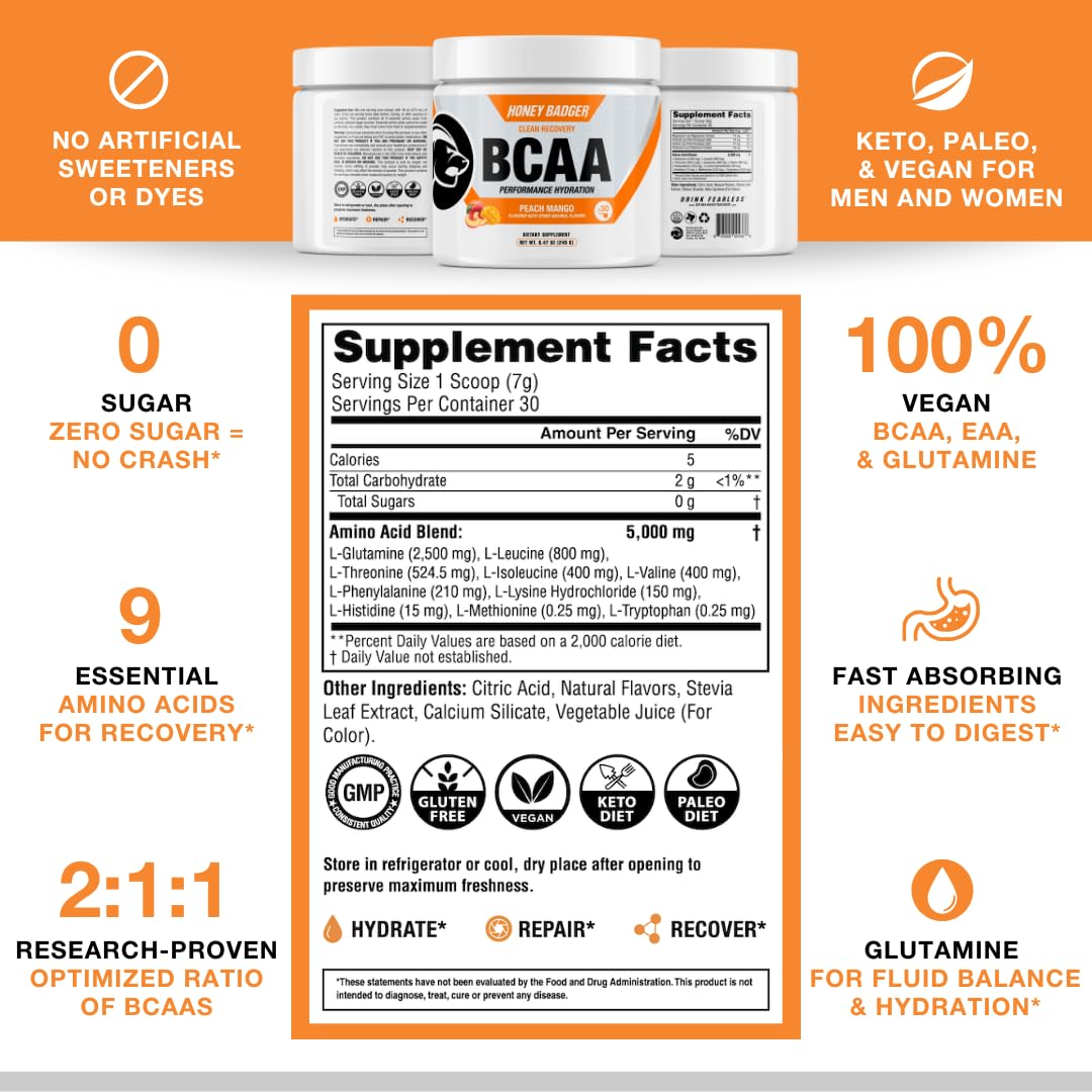 Honey Badger BCAA + EAA Powder 180g with fitness equipment