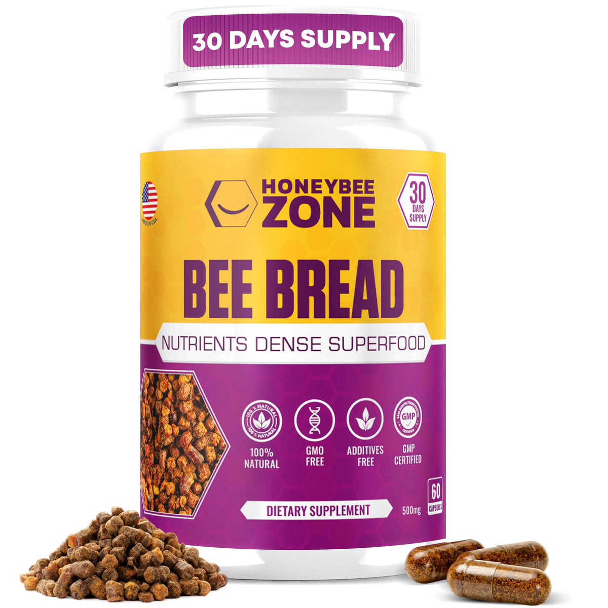 HONEYBEEZONE Bee Bread Capsules front view with packaging