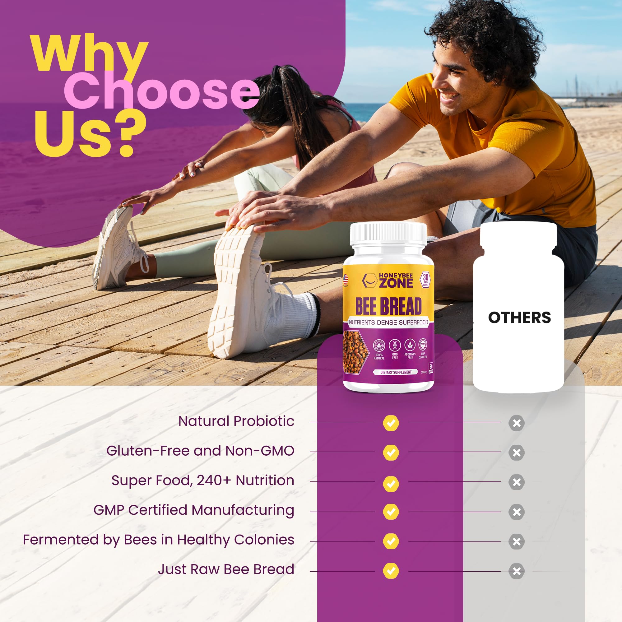 HONEYBEEZONE Bee Bread Capsules lifestyle shot on a wooden table
