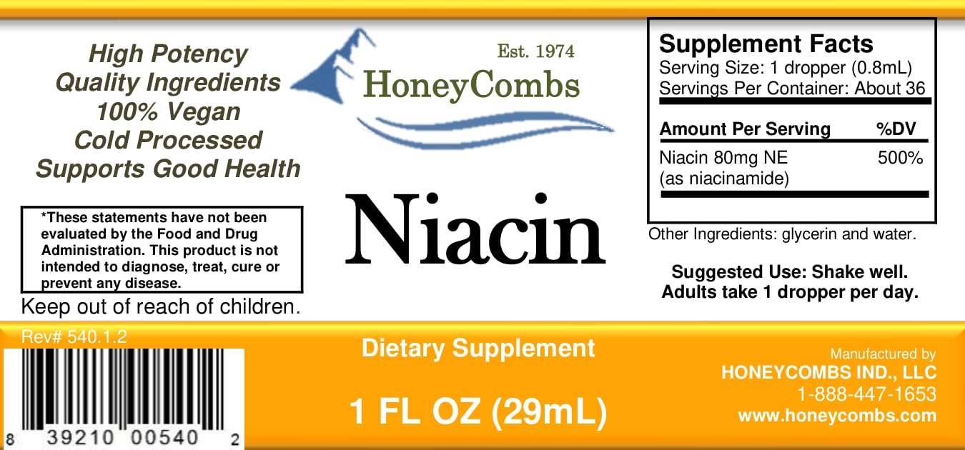 HoneyCombs Liquid B3 Niacin Drops 85g bottle with dropper