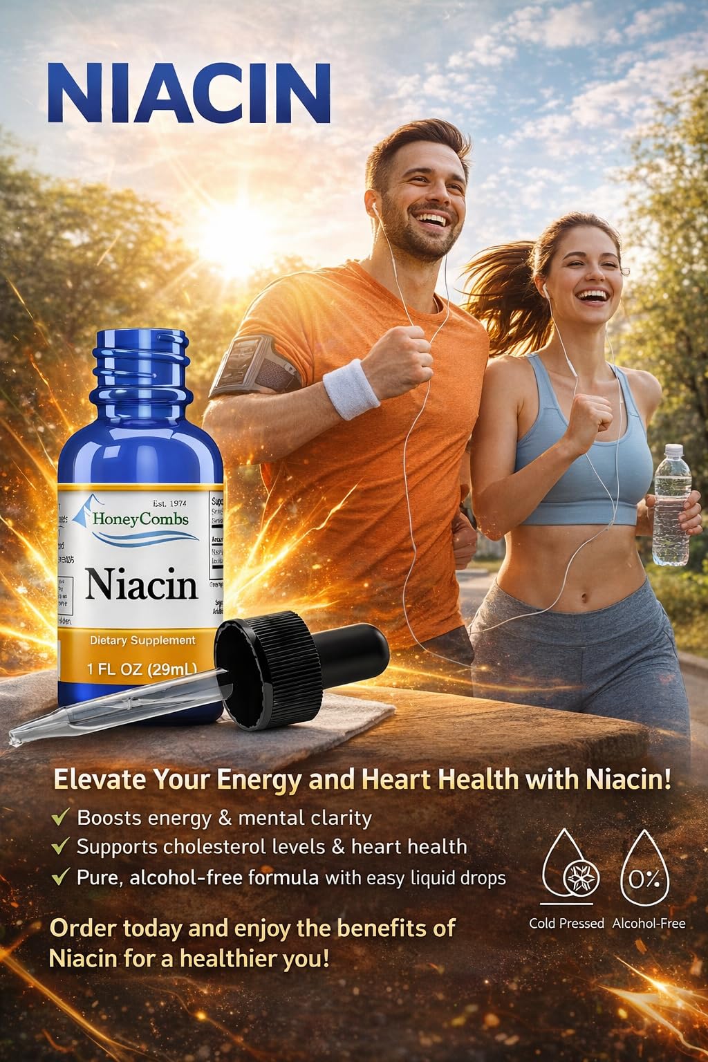 HoneyCombs Liquid B3 Niacin Drops 85g on a wooden table