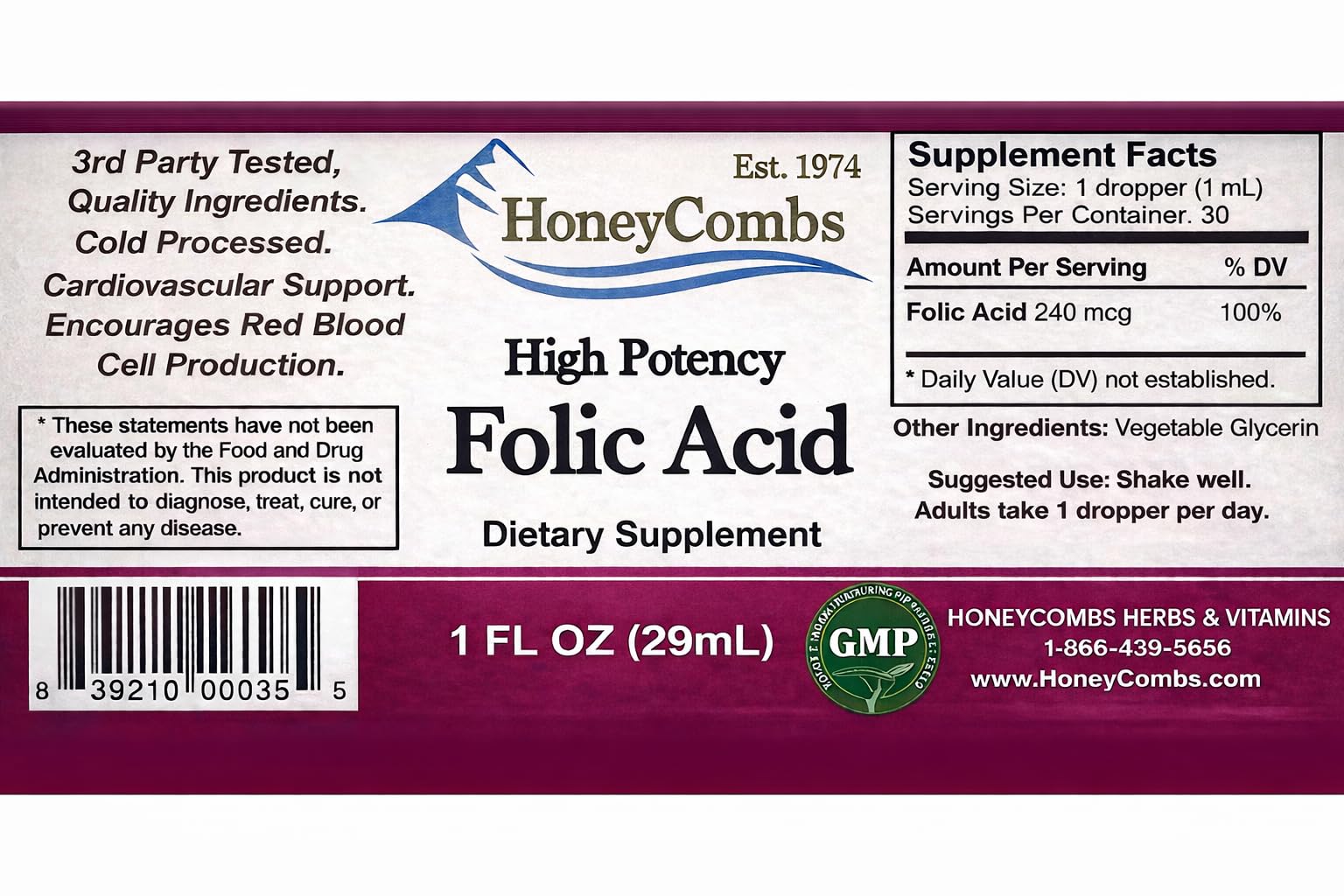 HoneyCombs Liquid Folate B9 Drops 85g bottle with dropper