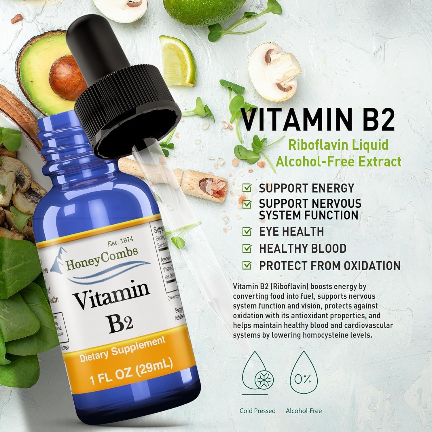 HoneyCombs Liquid Vitamin B2 Extract on a kitchen counter