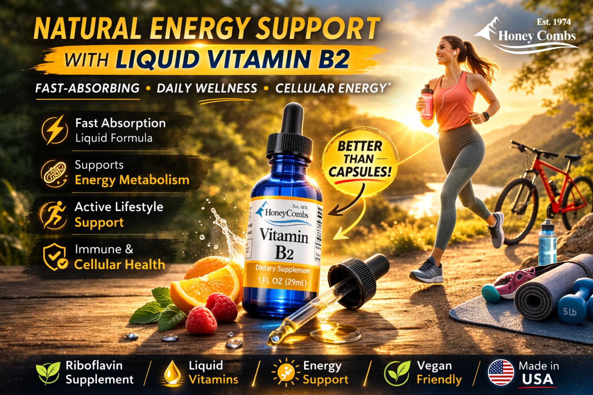 HoneyCombs Liquid Vitamin B2 Extract with a glass of water