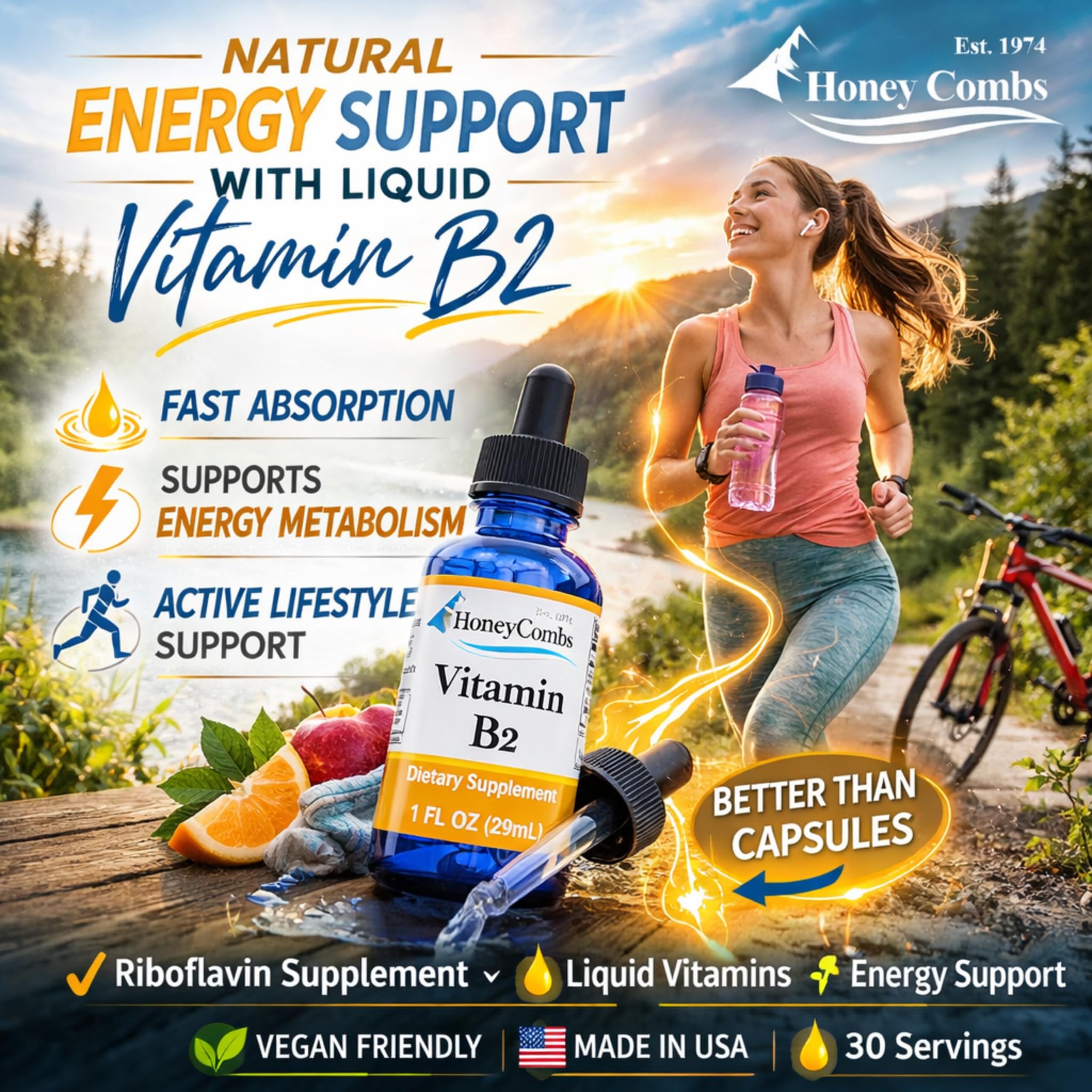 HoneyCombs Liquid Vitamin B2 Extract with measuring spoon
