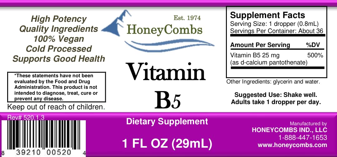 HoneyCombs Liquid Vitamin B5 Extract 50mg bottle side view