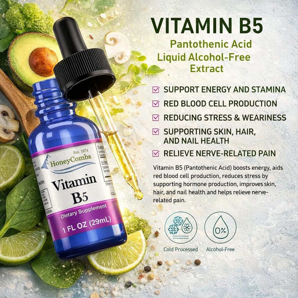 HoneyCombs Liquid Vitamin B5 Extract 50mg on a wooden table