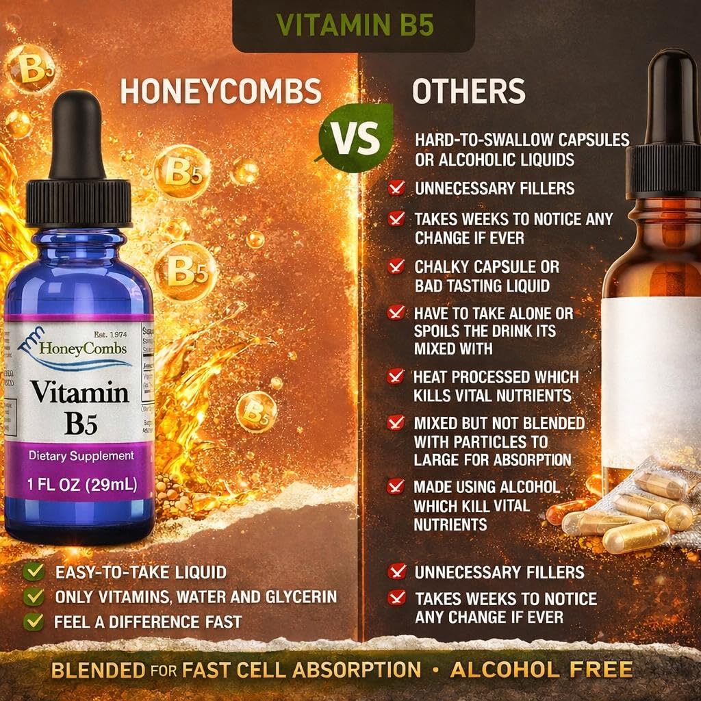 HoneyCombs Liquid Vitamin B5 Extract 50mg with a glass of water