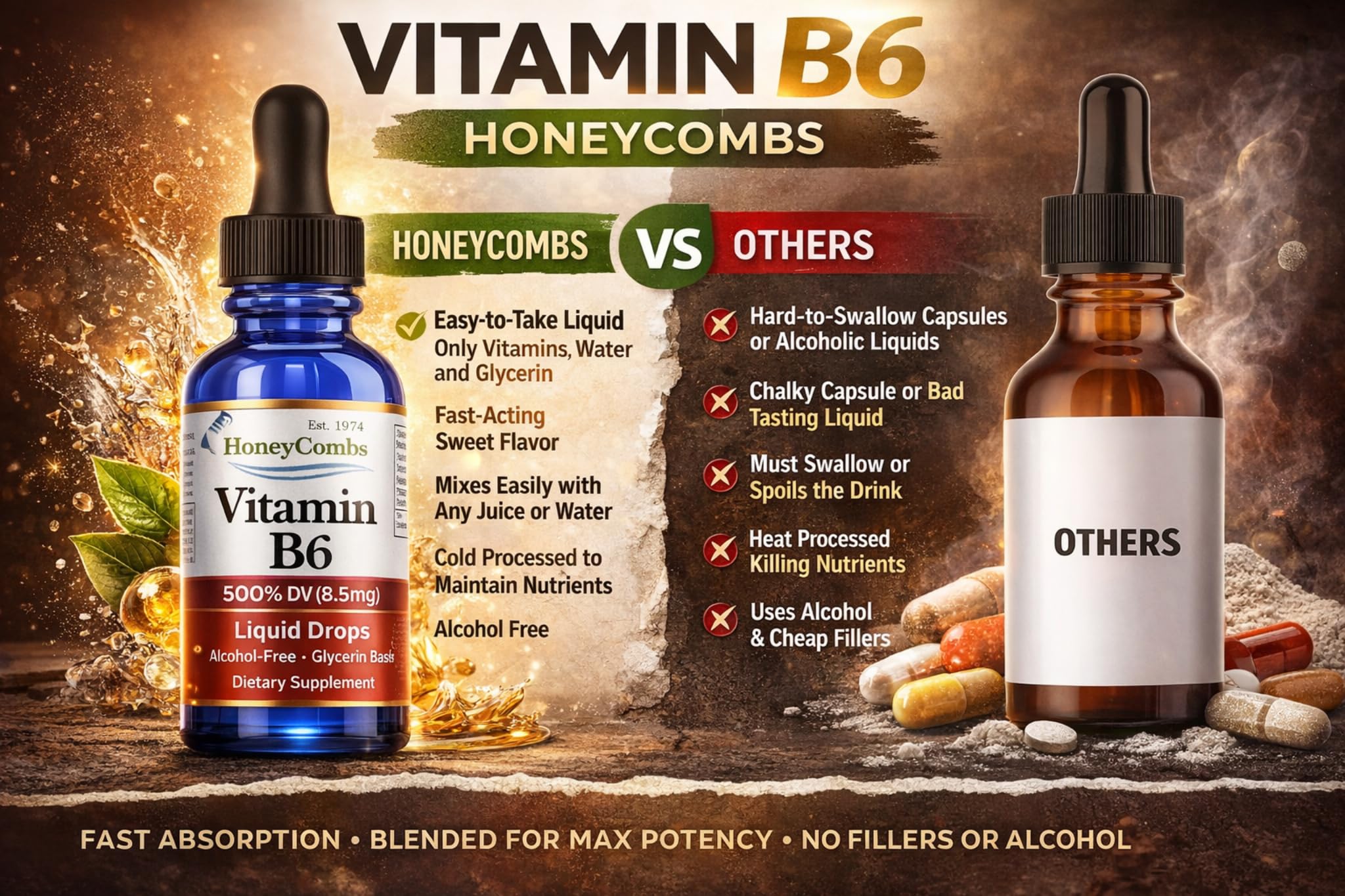 HoneyCombs Liquid Vitamin B6 Drops 28g on a wooden table