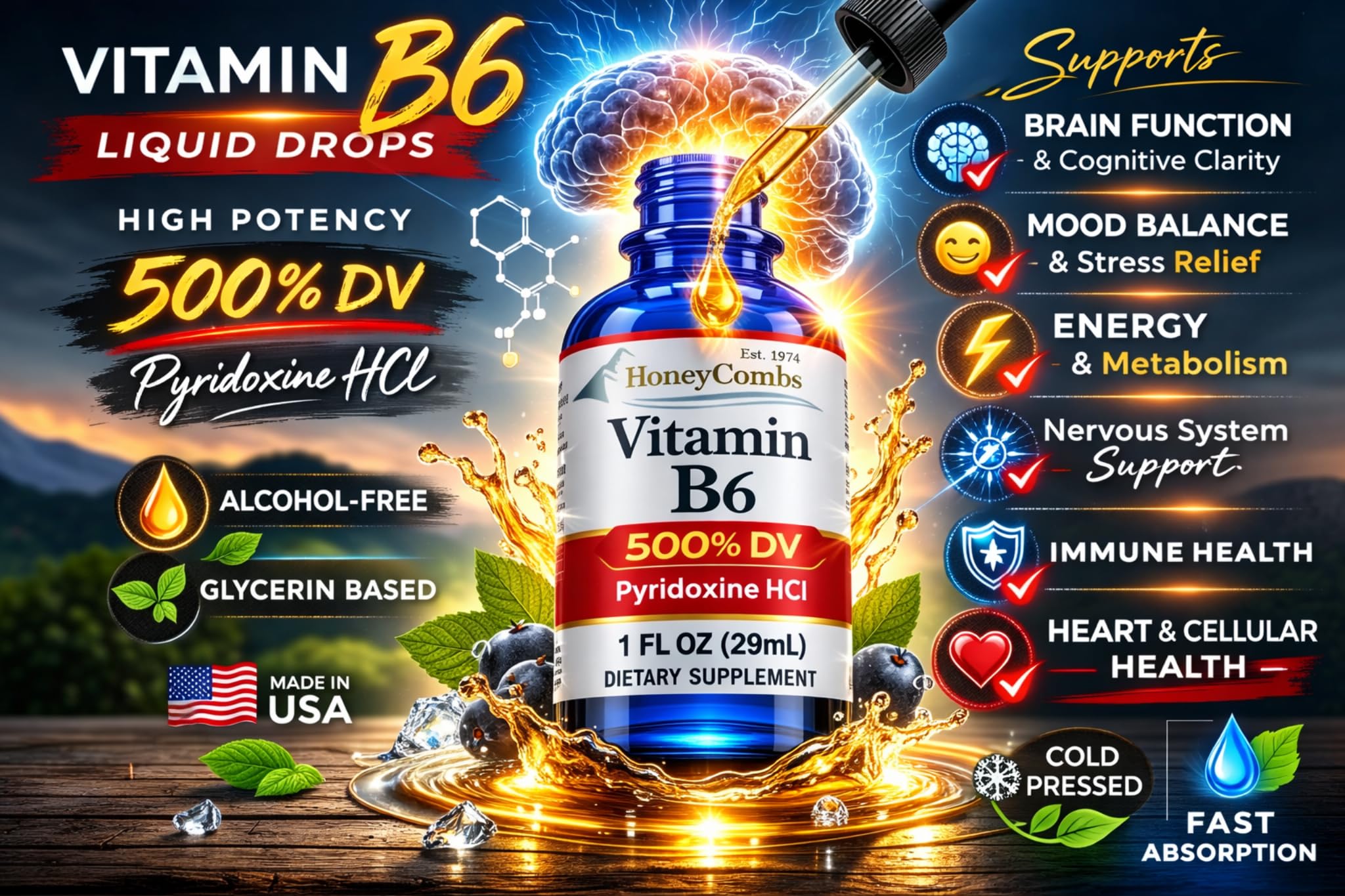 HoneyCombs Liquid Vitamin B6 Drops 28g with measuring dropper