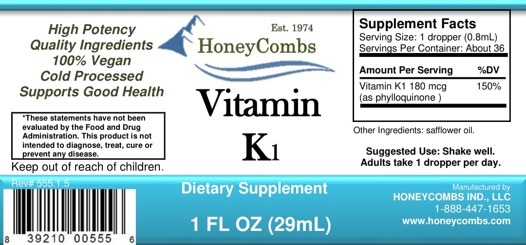 HoneyCombs Liquid Vitamin K1 Drops 82g bottle back view