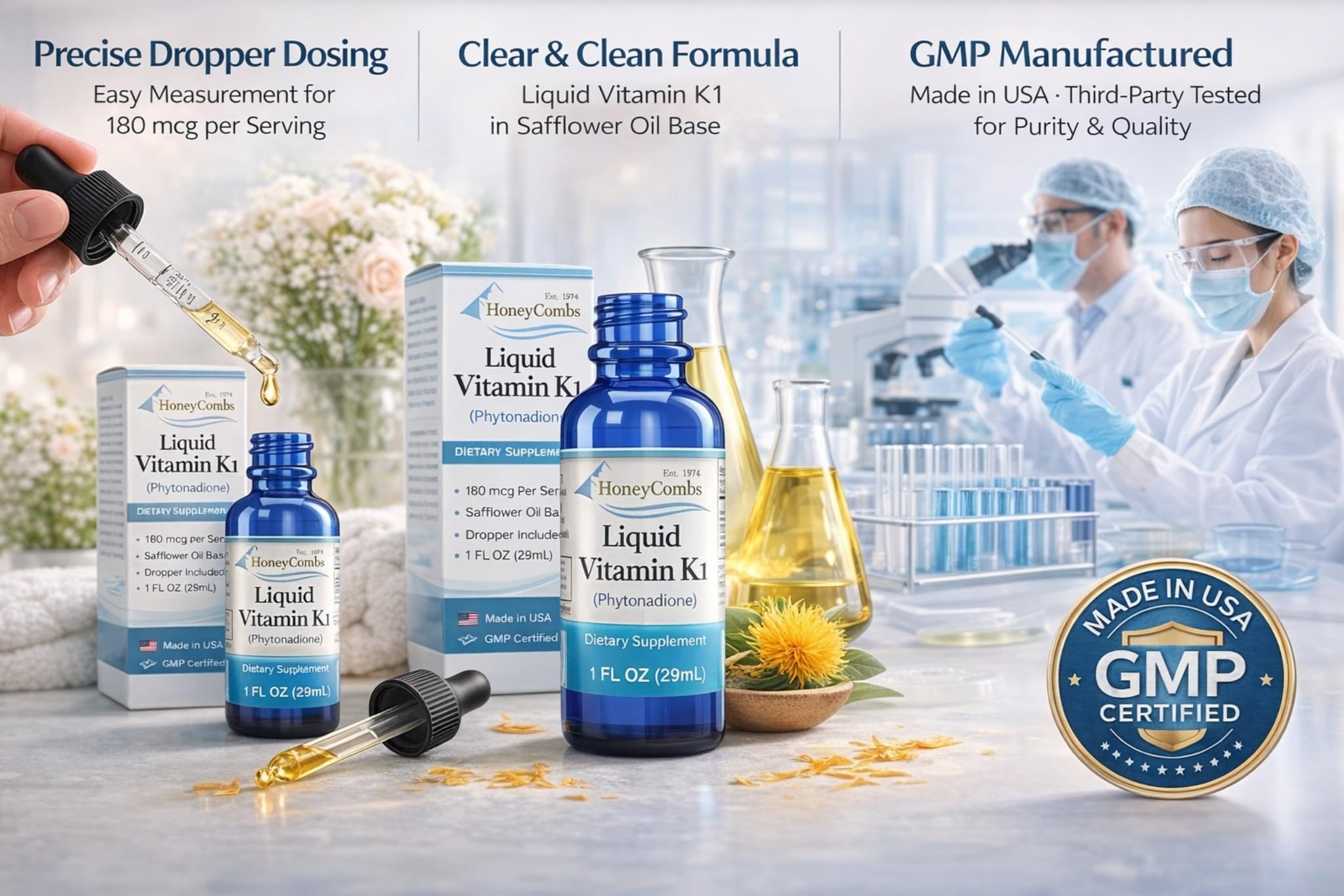 HoneyCombs Liquid Vitamin K1 Drops 82g on kitchen counter
