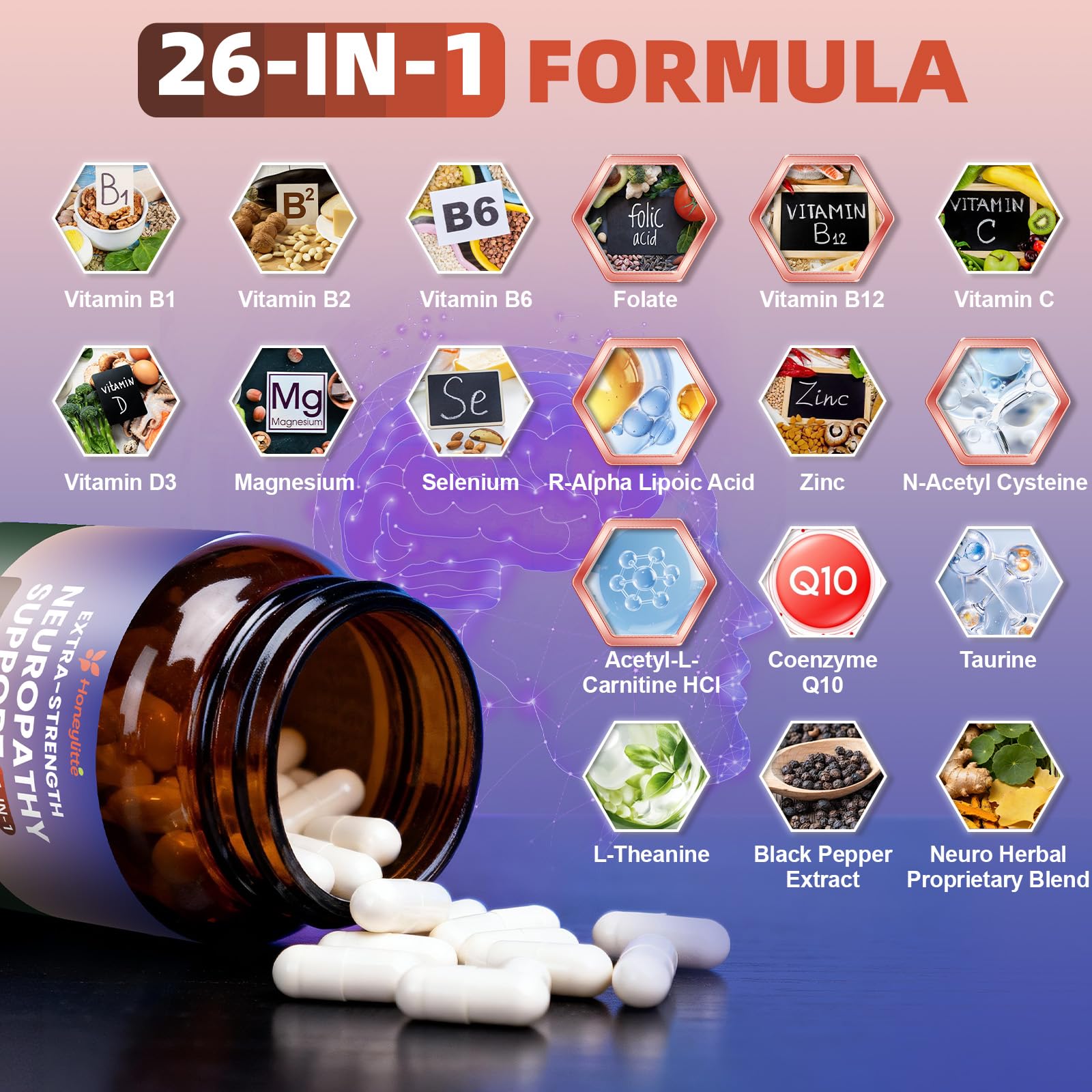 Honeylitte 26-in-1 Nerve Health Formula bottle with label
