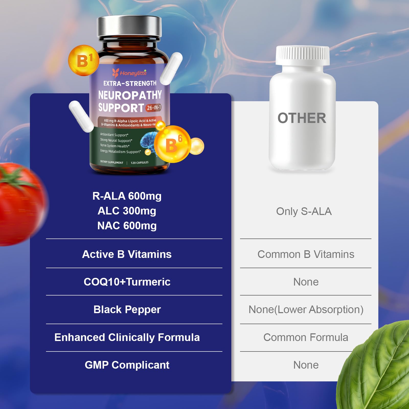 Honeylitte 26-in-1 Nerve Health Formula capsules on a white background