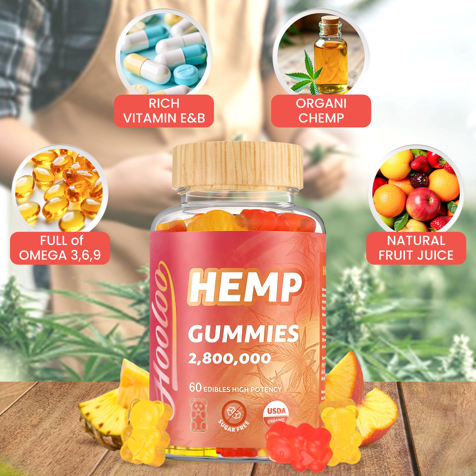 HOOLOO Hemp Gummies Omega 3-6-9 gummies on a table