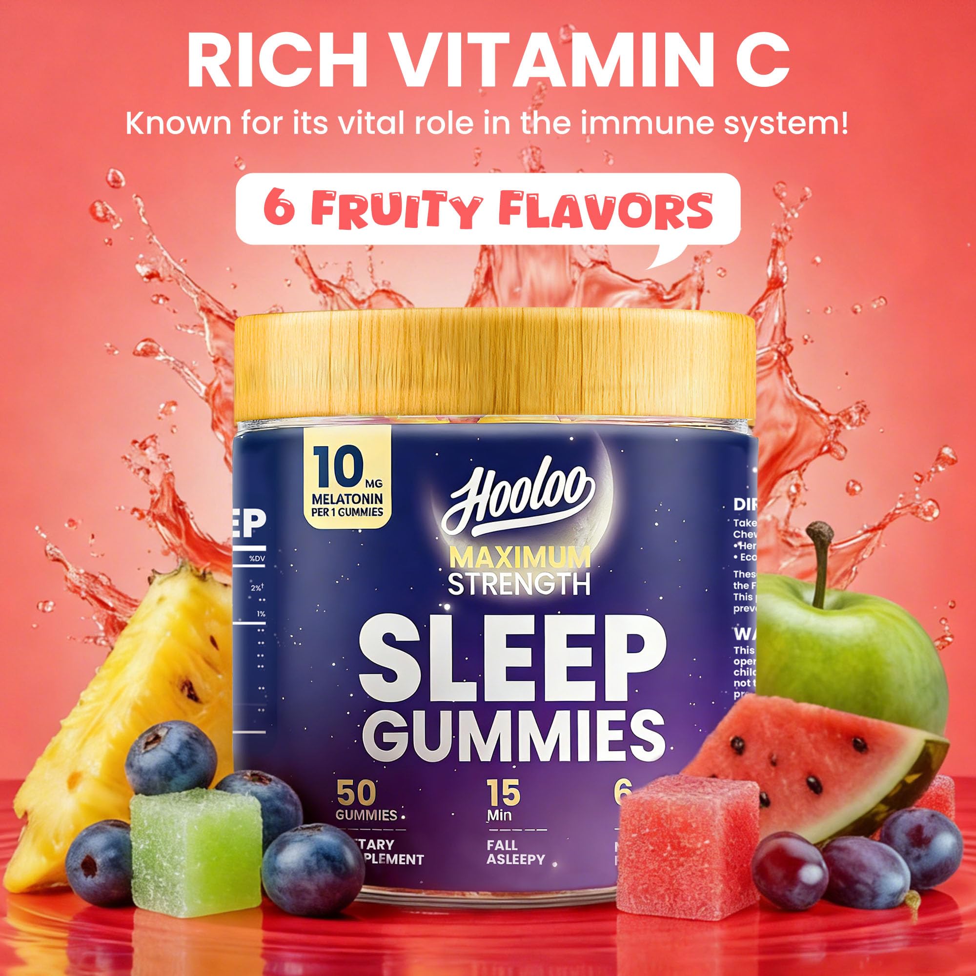 HOOLOO Sleep Gummies 10mg Melatonin back view showing ingredients