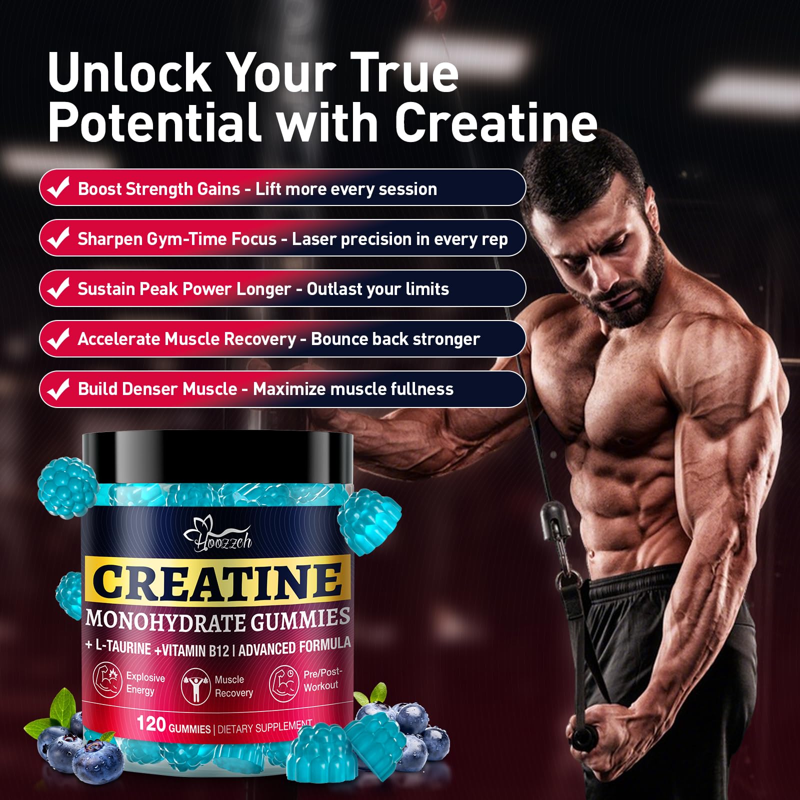 Hoozzch Blueberry Creatine Gummies serving size illustration