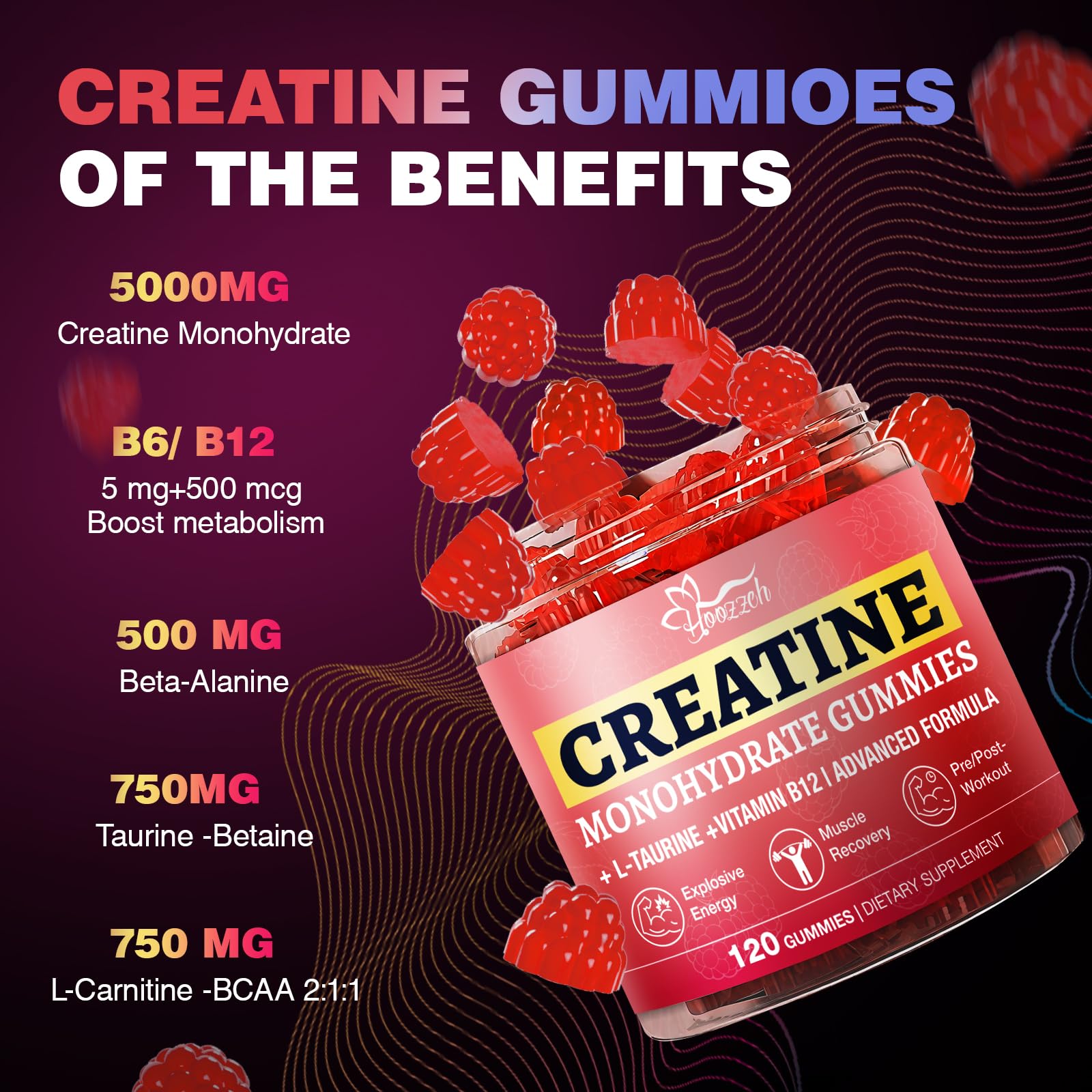 Hoozzch Creatine Monohydrate Gummies close-up of gummies