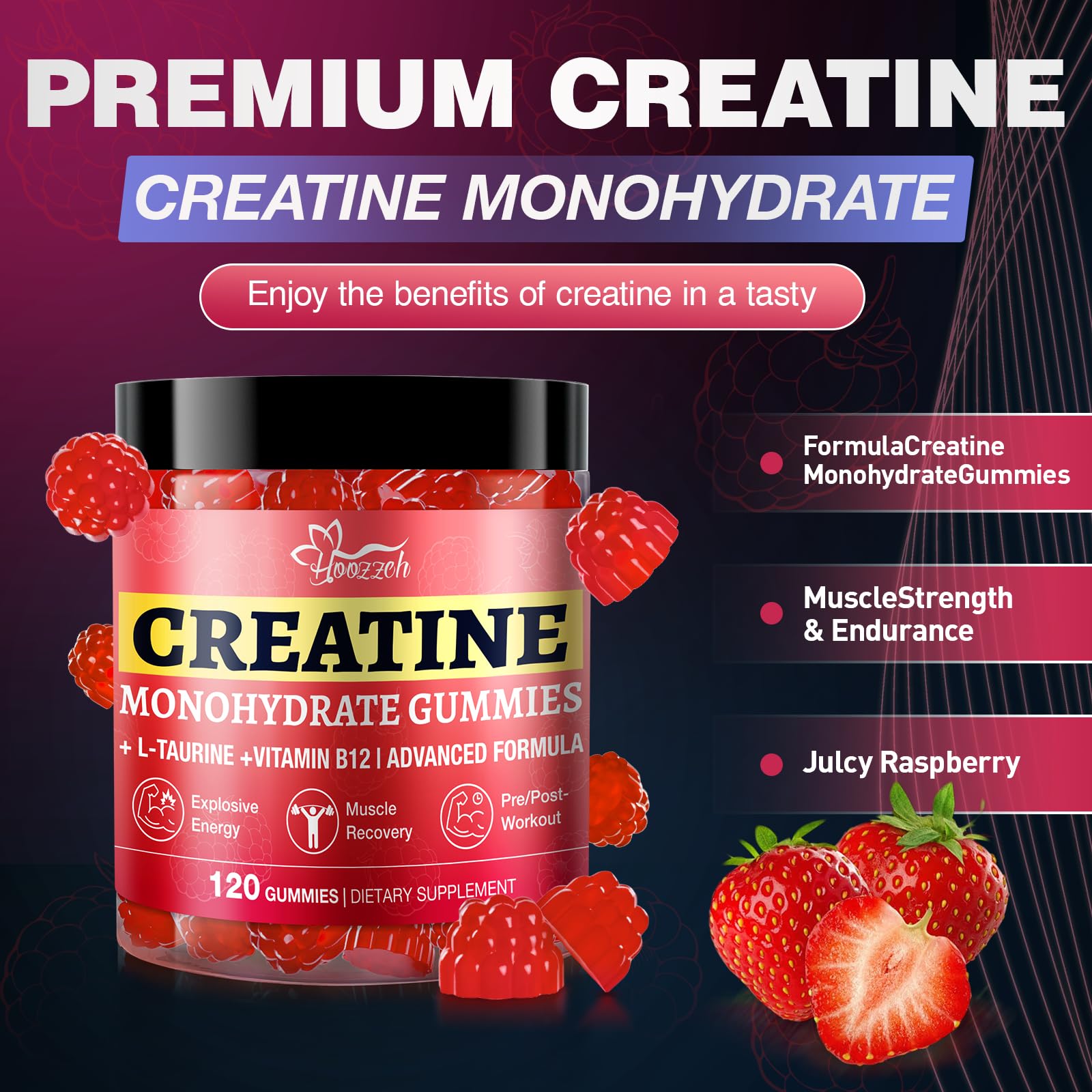 Hoozzch Creatine Monohydrate Gummies raspberry flavour