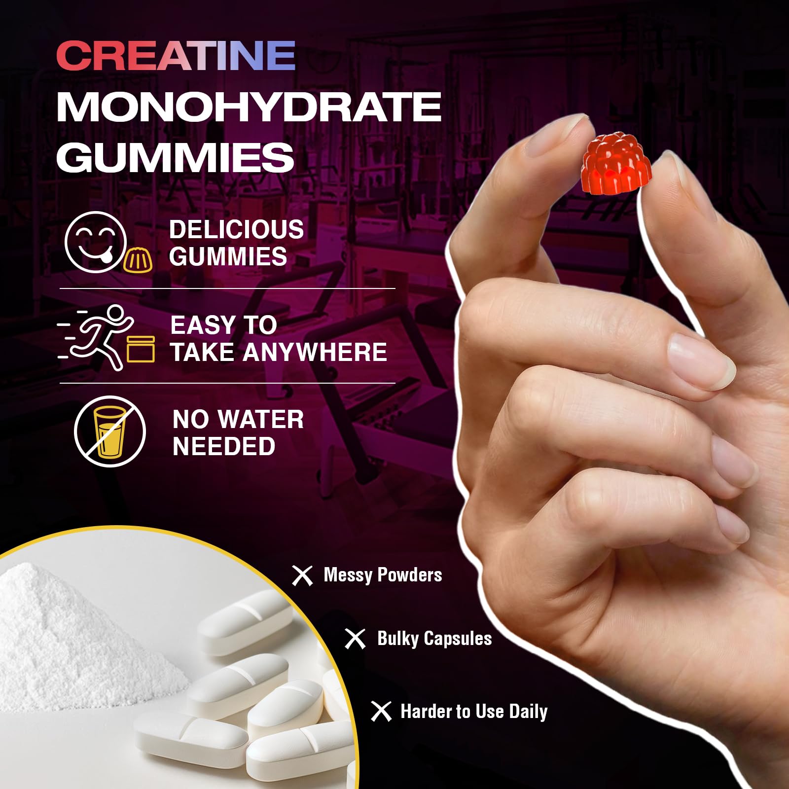 Hoozzch Creatine Monohydrate Gummies with natural raspberry essence