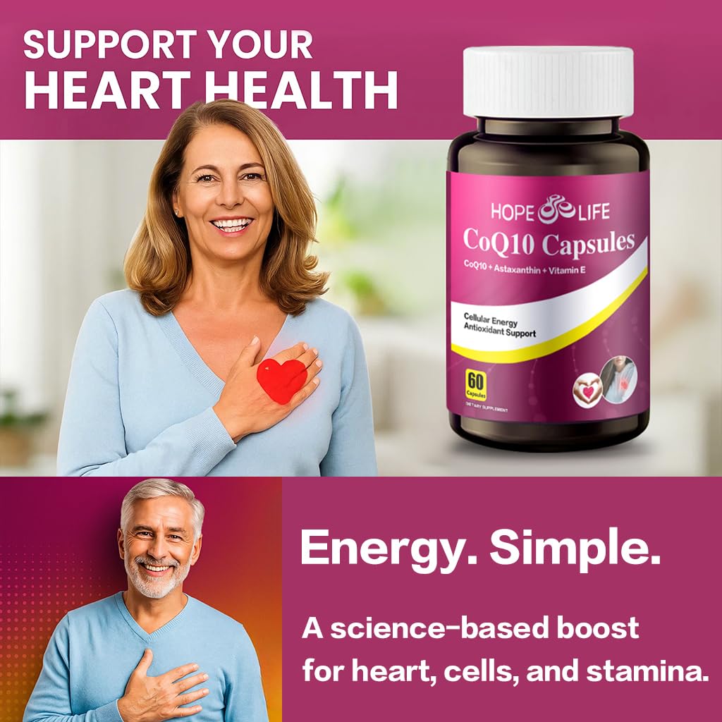 HOPE LIFE CoQ10 200mg Capsules open bottle with capsules visible