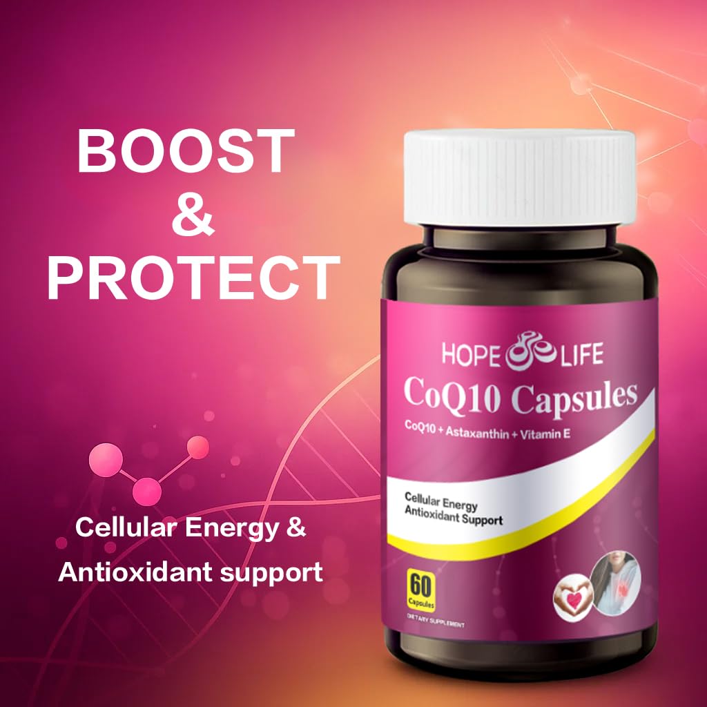 HOPE LIFE CoQ10 200mg Capsules with Astaxanthin and Vitamin E ingredients