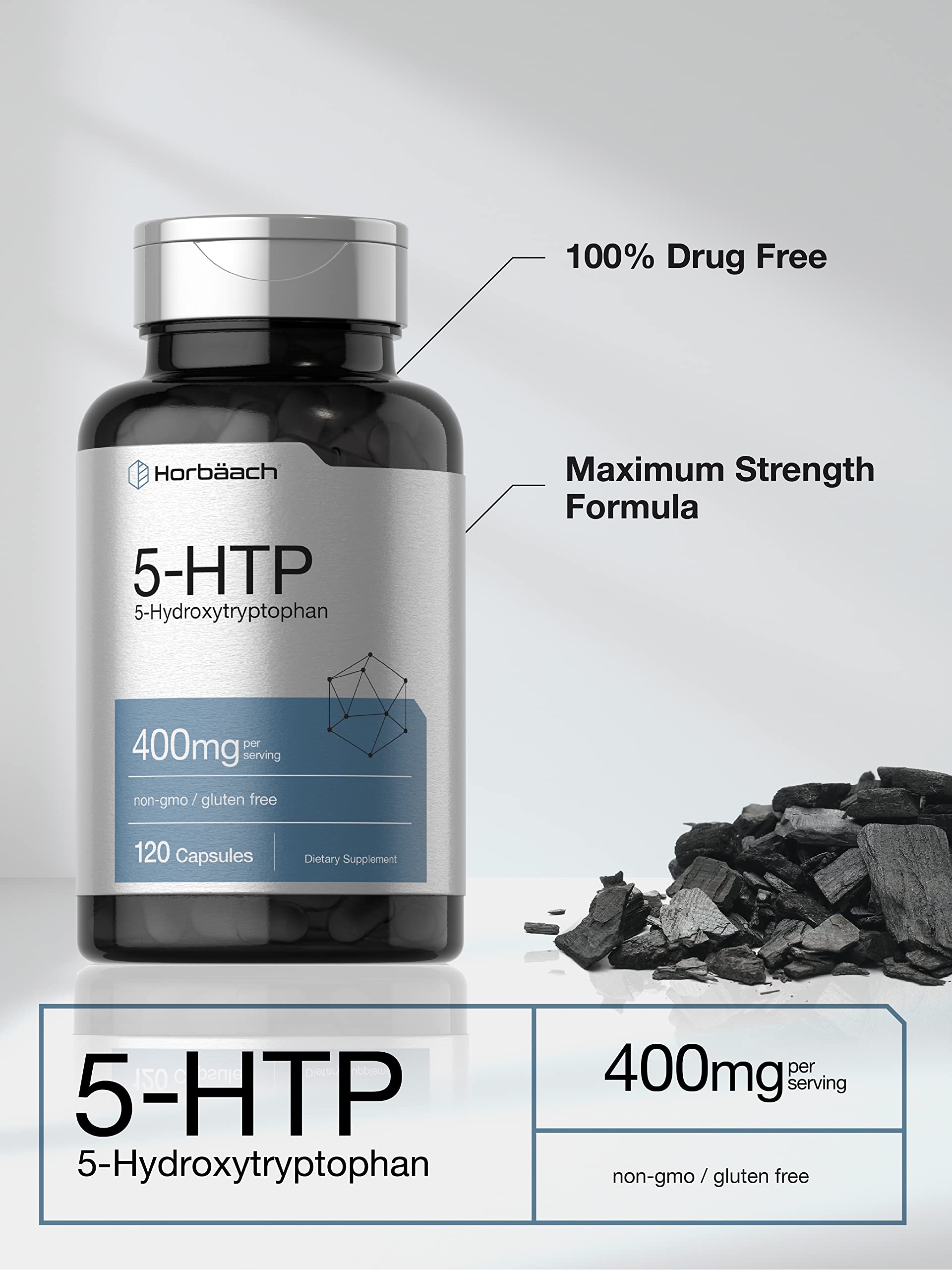 Horbäach 5-HTP capsules on a wooden table