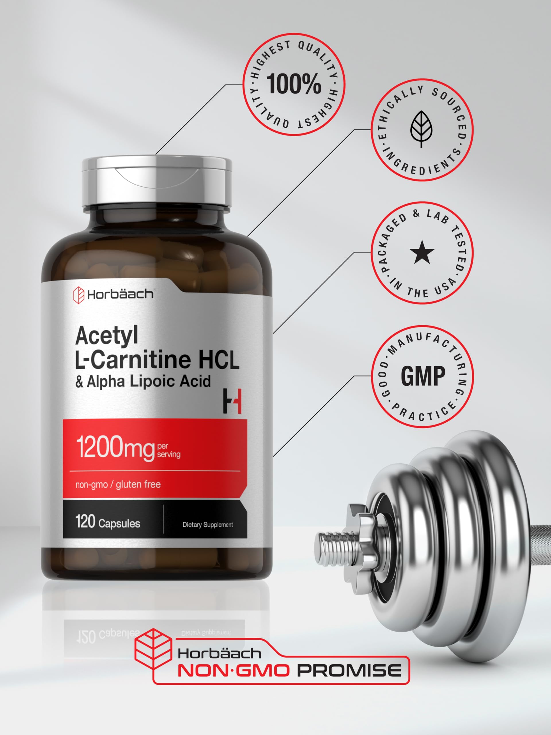 Horbäach Acetyl L-Carnitine HCL 1200mg supplement capsule close-up
