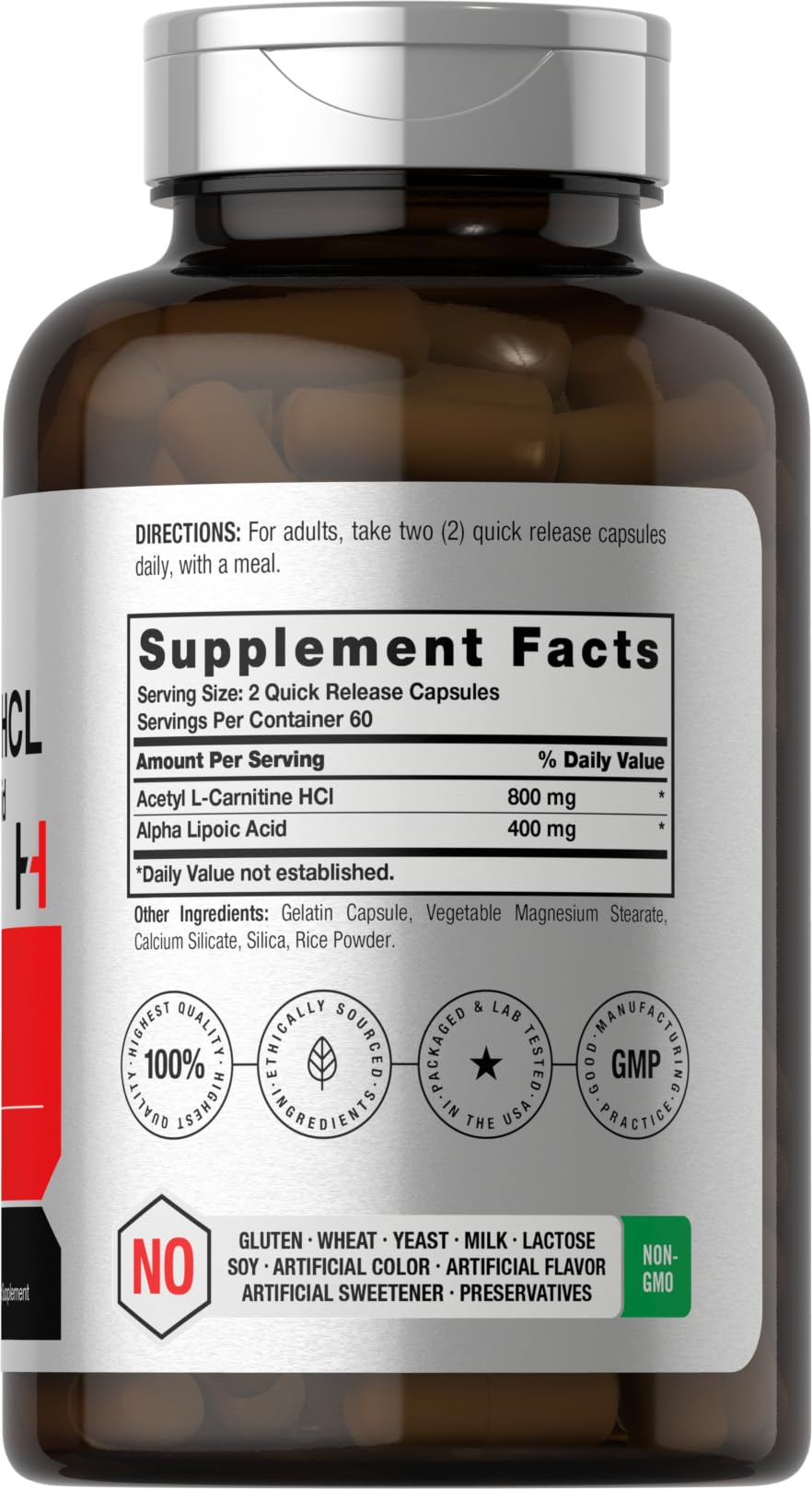 Horbäach Acetyl L-Carnitine HCL 1200mg supplement side view