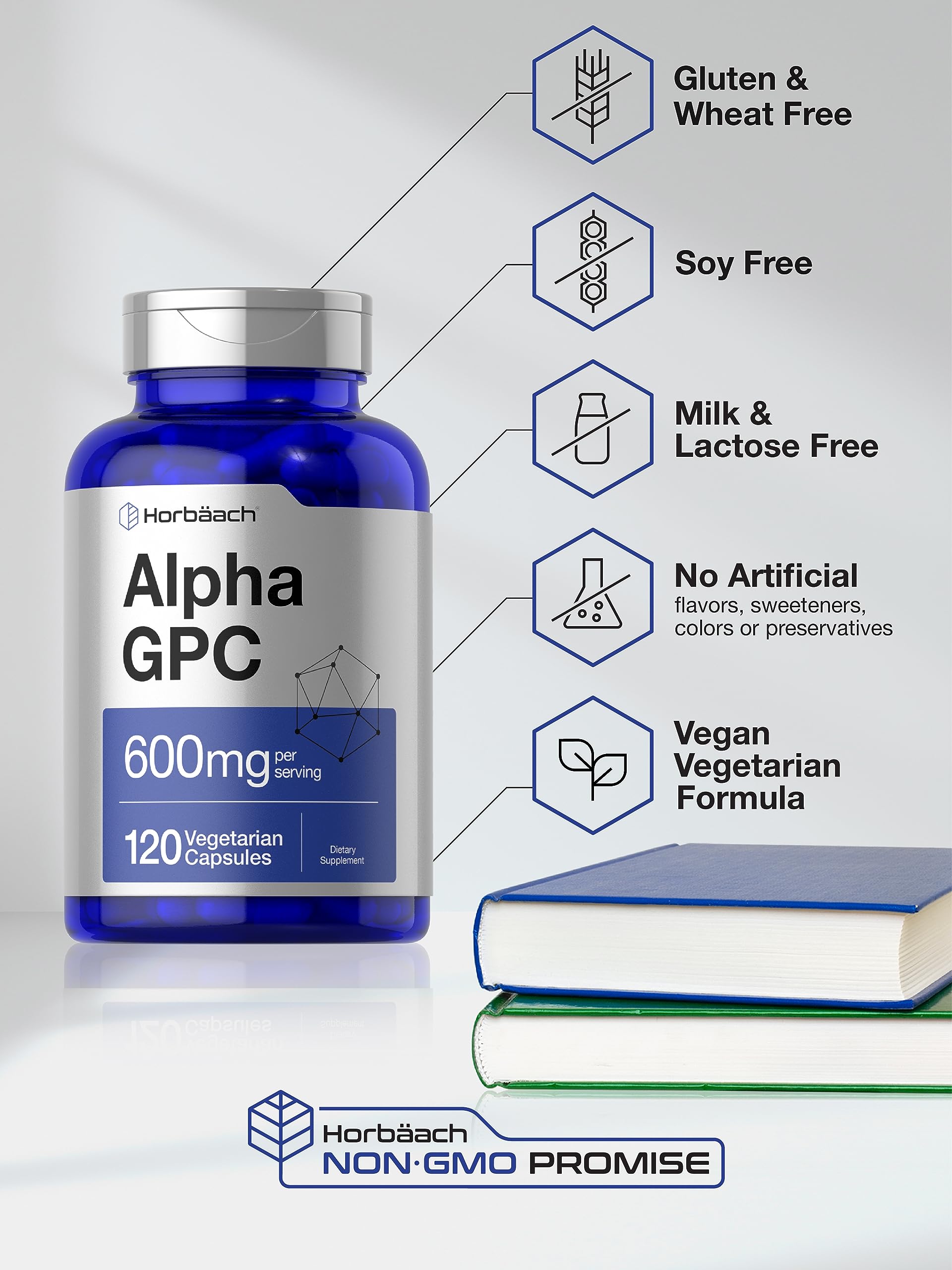 Horbäach Alpha GPC Choline Supplement capsules on a wooden surface