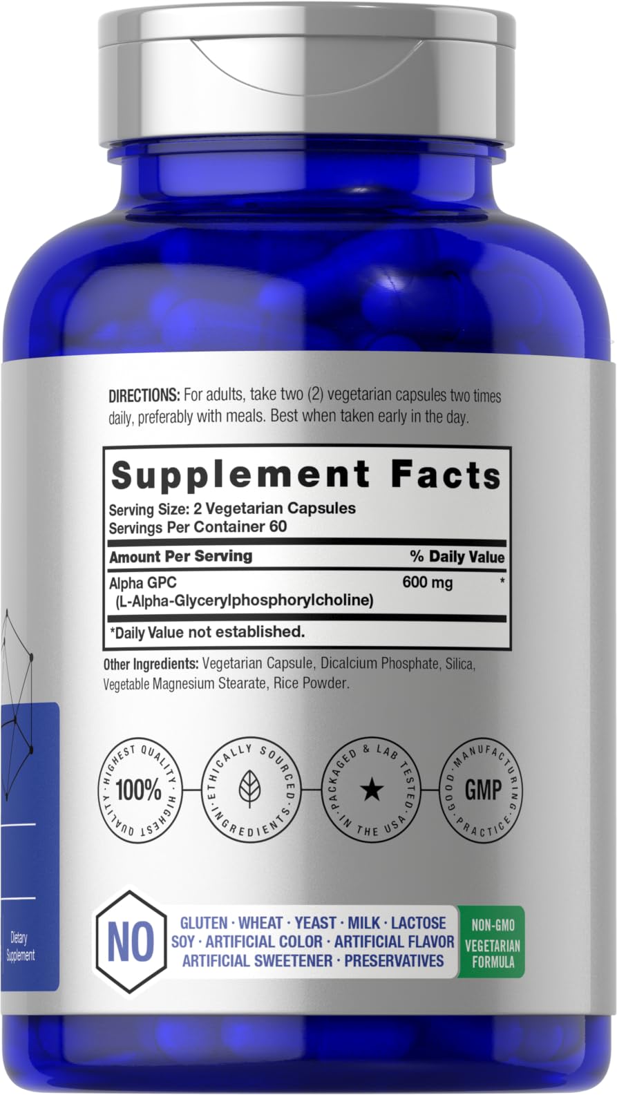 Horbäach Alpha GPC Choline Supplement side view showing capsules