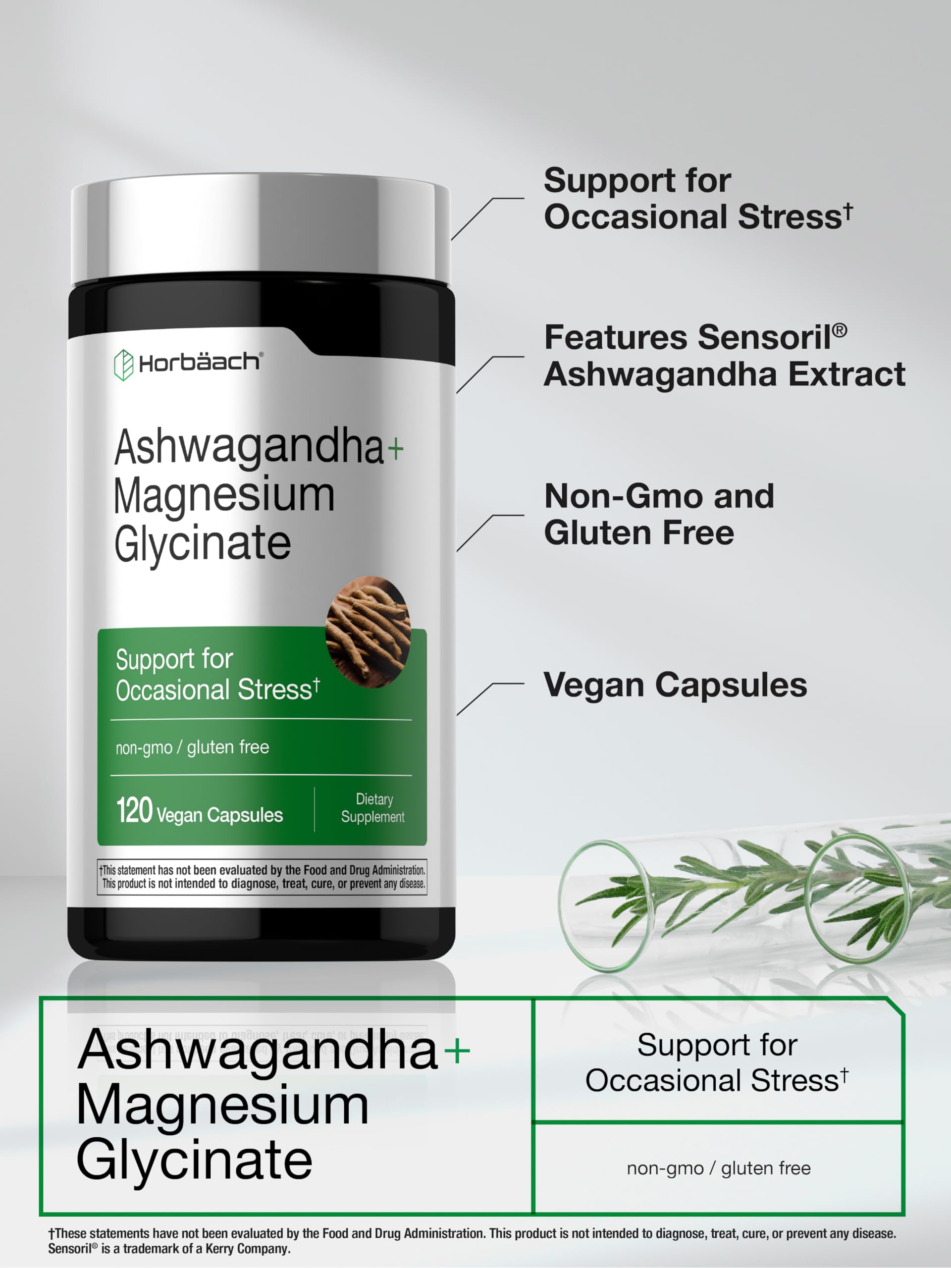Horbäach Ashwagandha + Magnesium Glycinate capsules with ingredients