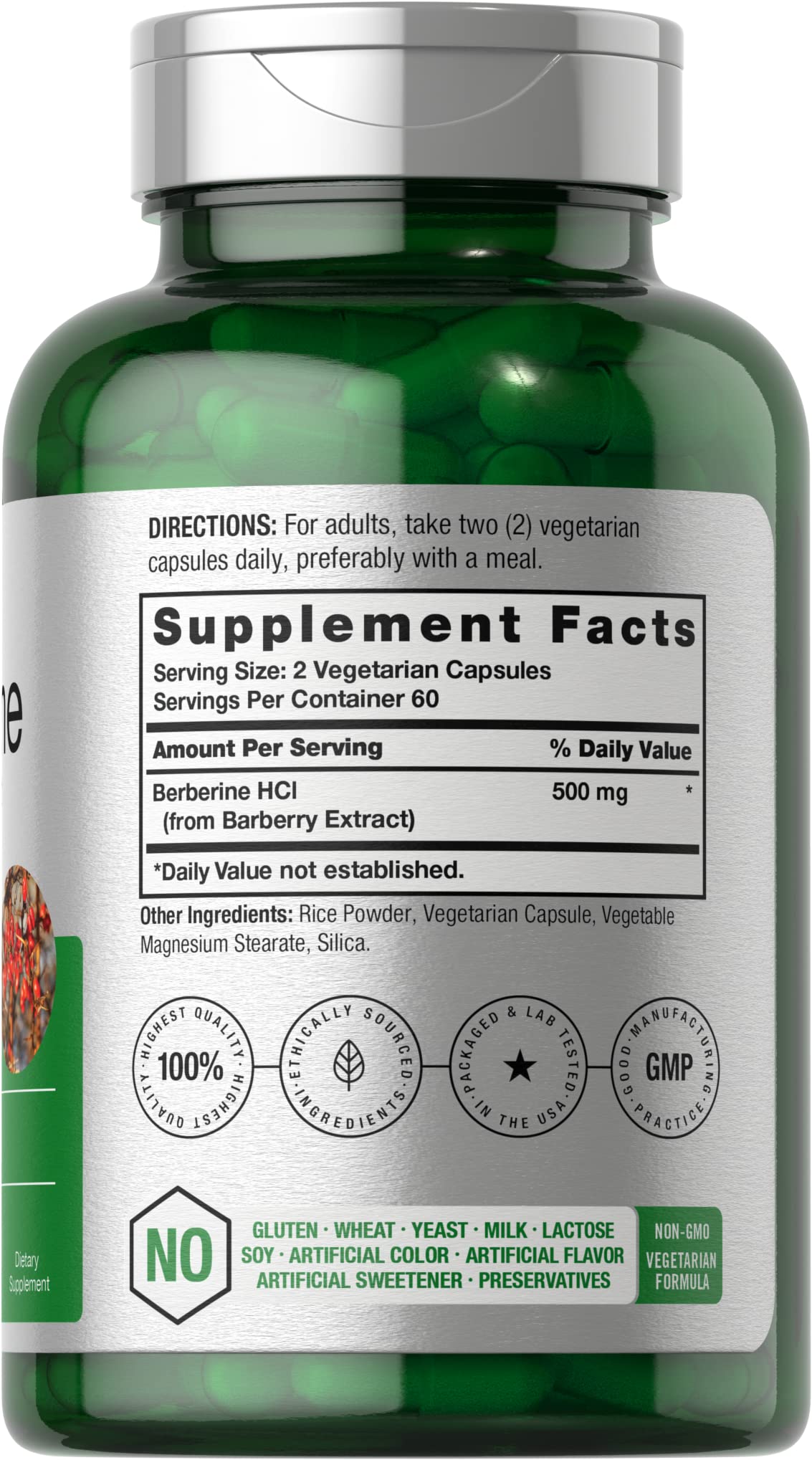 Horbäach Berberine HCL 500mg capsules side view