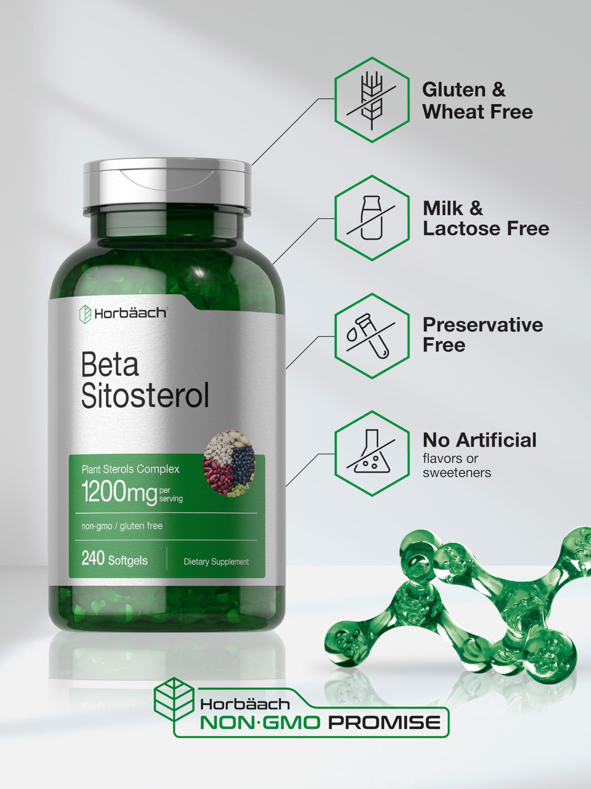 Horbäach Beta Sitosterol Plant Sterols Complex 1200mg capsules on a wooden table