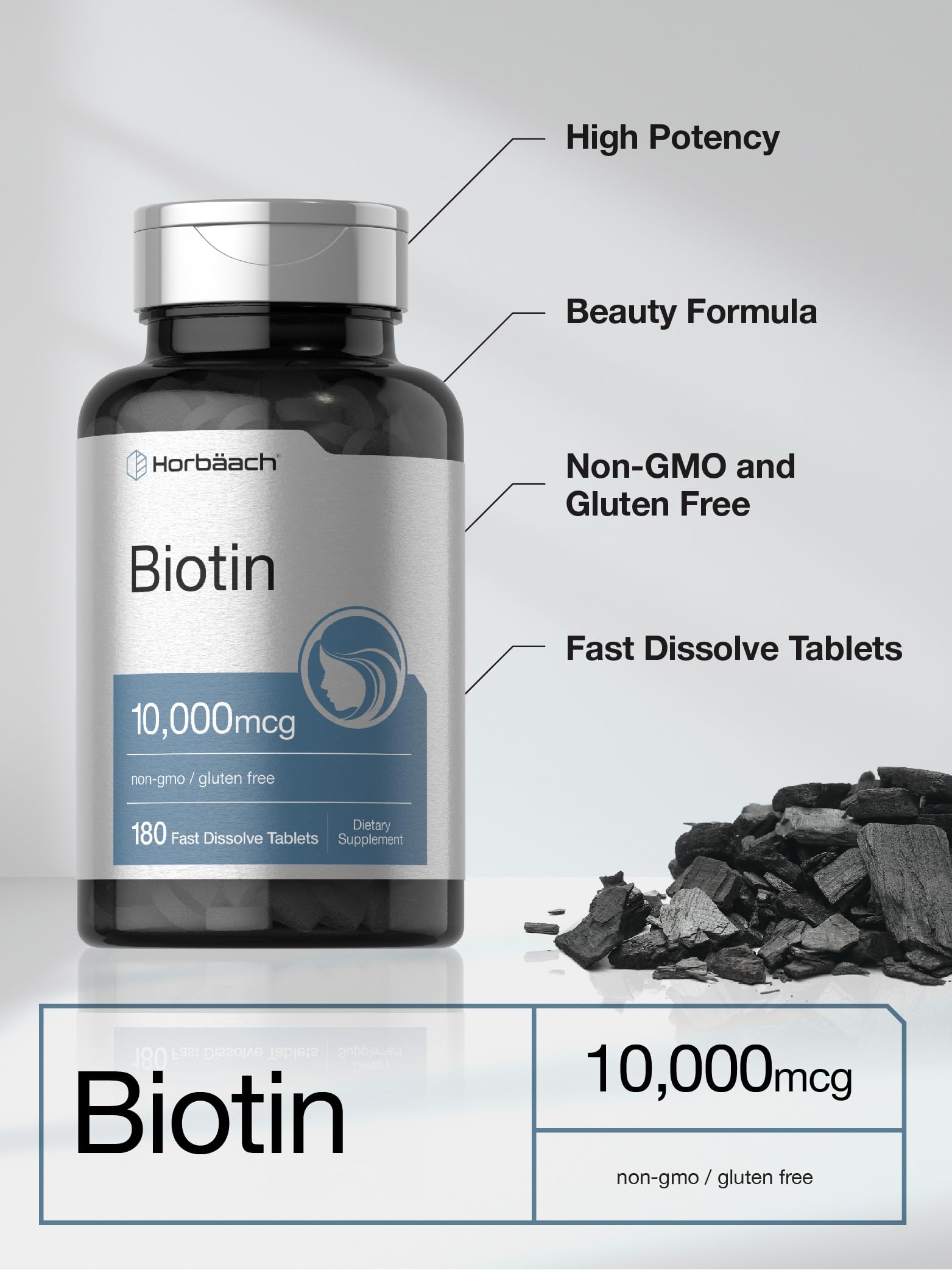 Horbäach Biotin 10000 mcg tablets displayed on a table